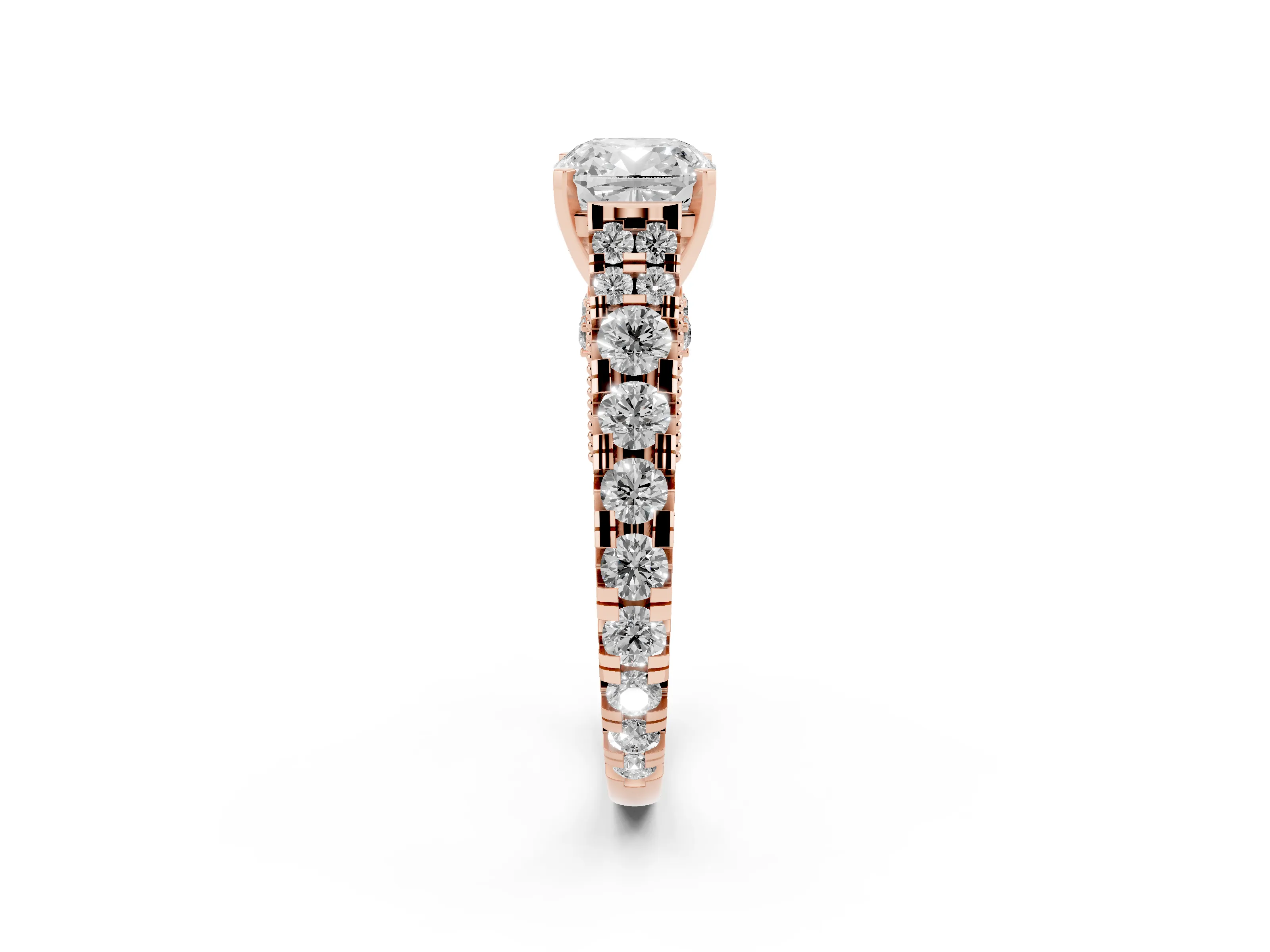 Cushion Cut Diamond Classic Solitaire Ring Set in Rose gold with Pavé Band and Prong Setting