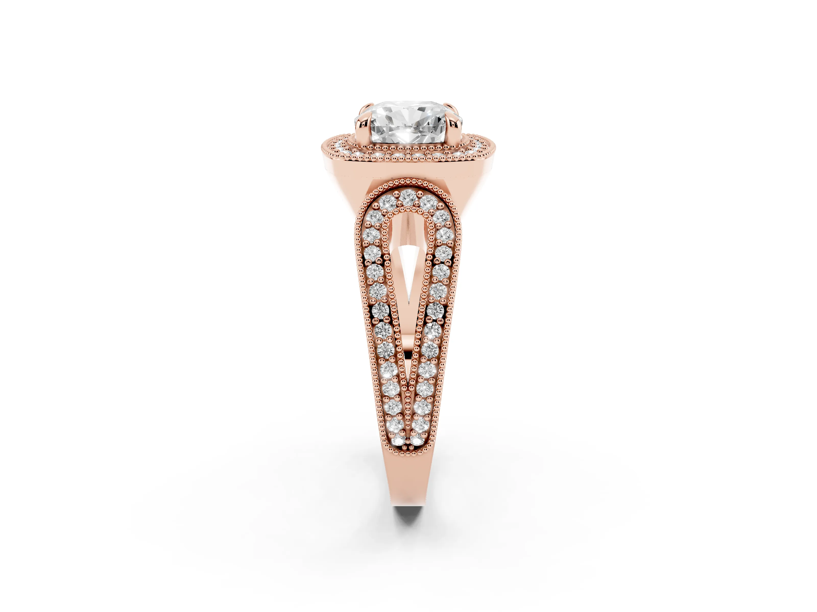 Cushion Cut Diamond Halo Ring Set in Rose gold with Milgrain Accent Split Shank
