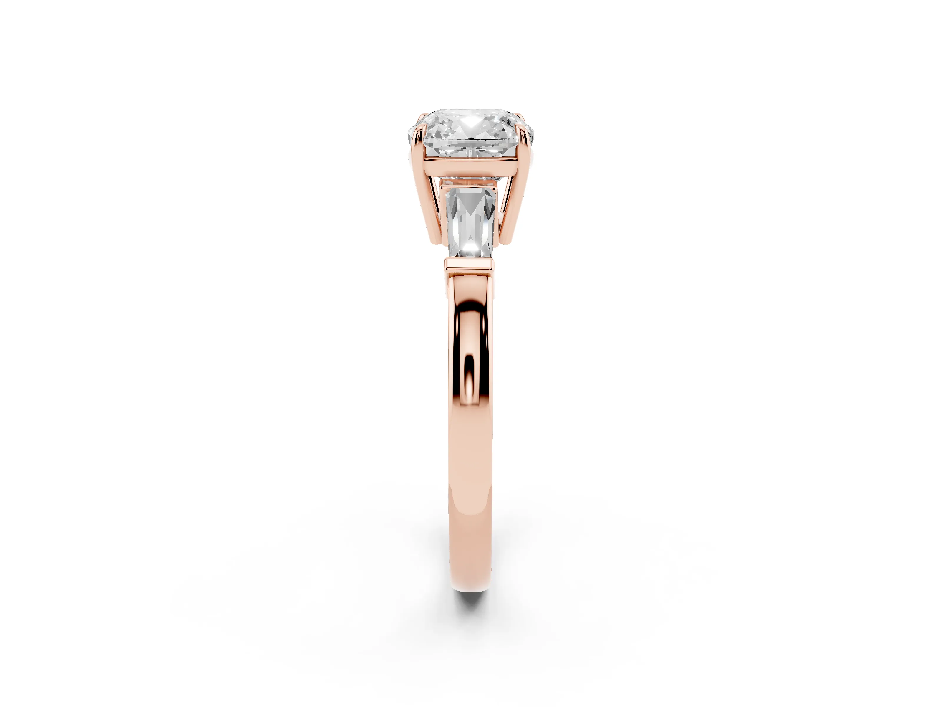 Cushion Cut Diamond Three-Stone Ring Set in Rose gold with Tapered Baguette Side Stones and Prong Setting