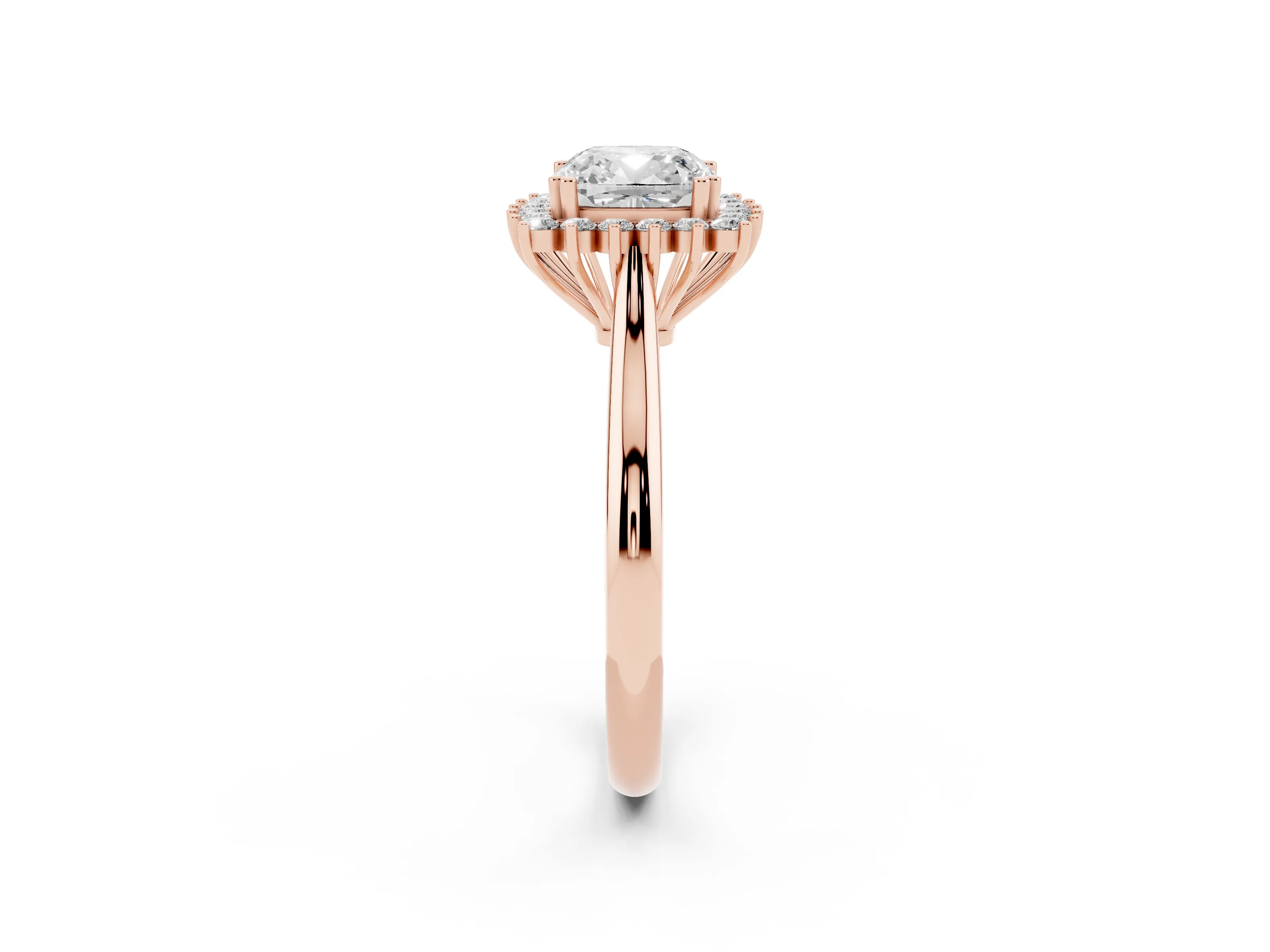 Cushion Cut Diamond Halo Ring Set in Rose gold with Plain Solitaire Band and Prong Setting