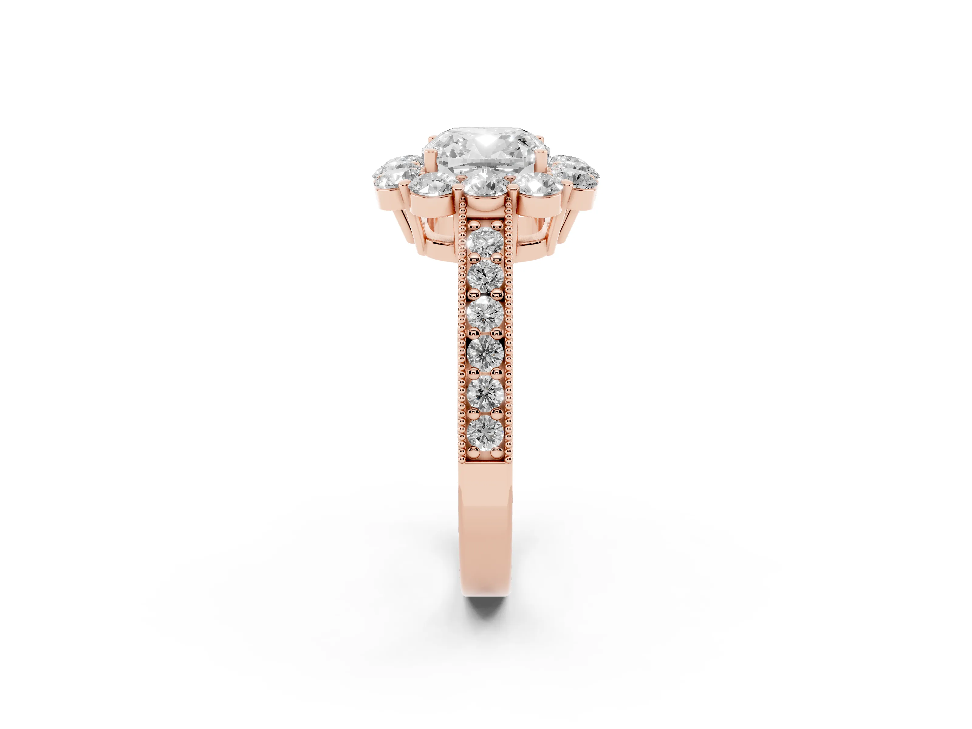 Cushion Cut Diamond Halo Pavé Engagement Ring Set in Rose gold with Milgrain Detailing
