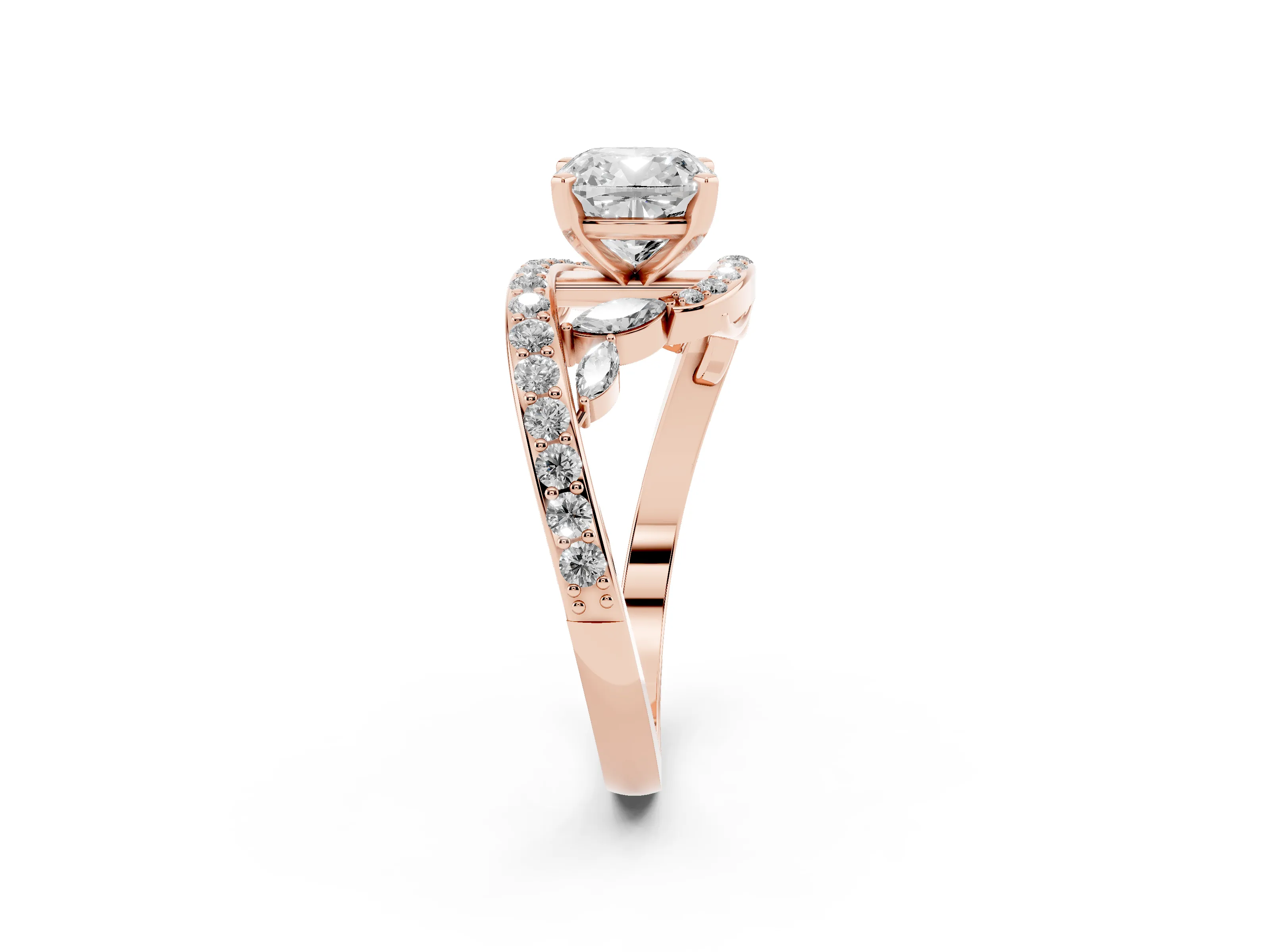 Cushion Cut Diamond Solitaire Ring Set in Rose gold with Pavé Twist Band and Secure Prong Setting