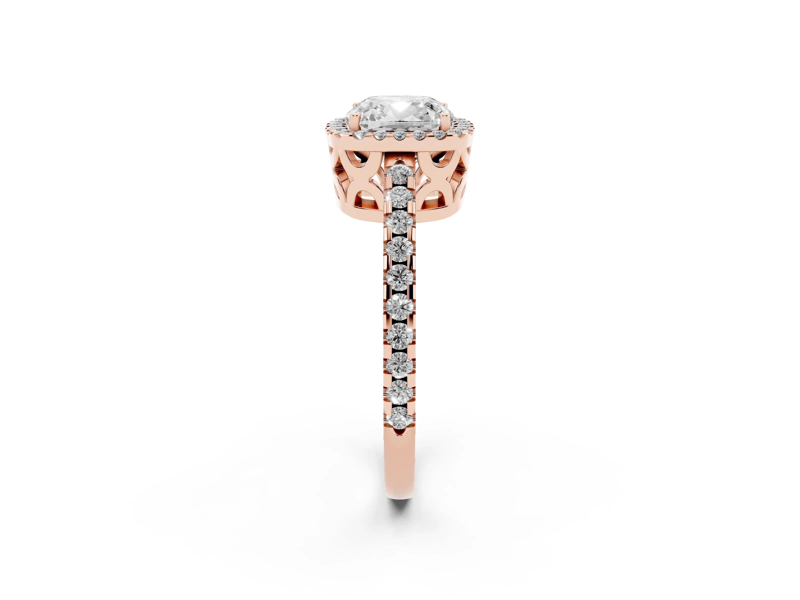 Cushion Cut Diamond Halo Ring Set in Rose gold with Pavé Shoulders and Halo-Framed Center