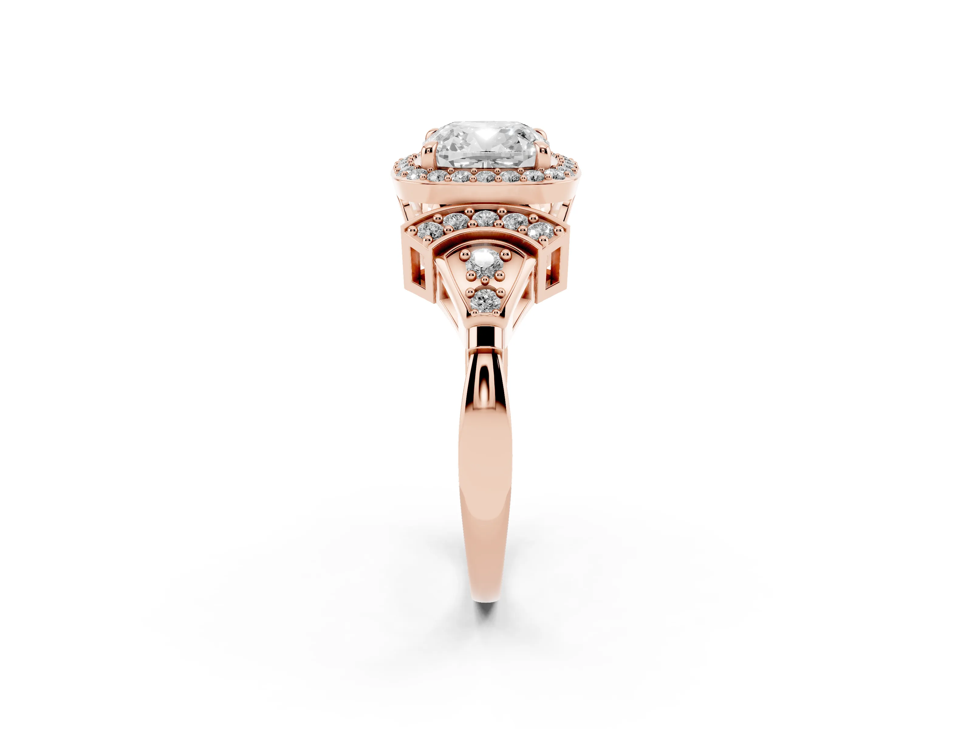Cushion Cut Diamond Halo Engagement Ring Set in Rose gold with Accent Stone Split Shank