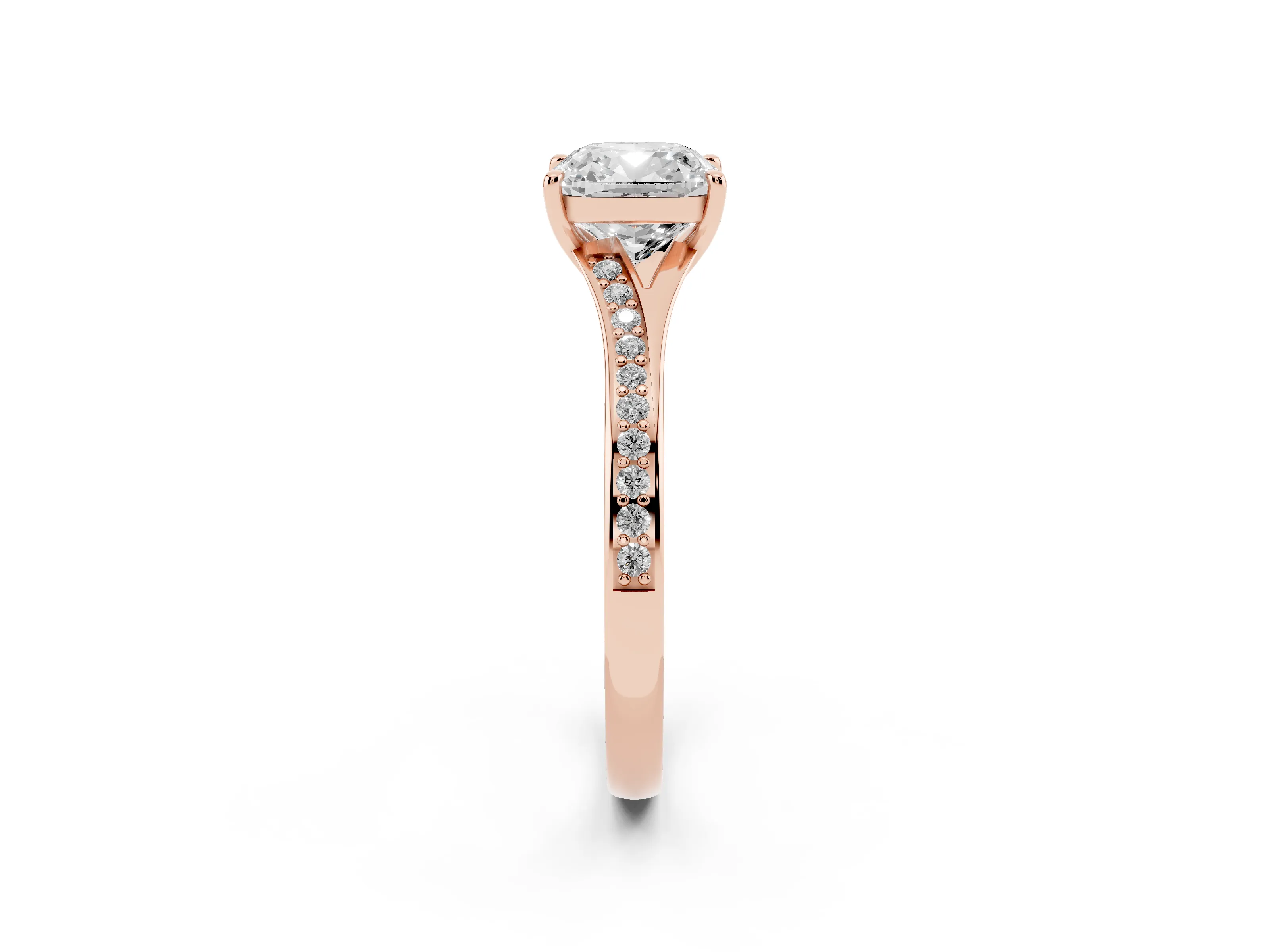Cushion Cut Diamond Solitaire Ring Set in Rose gold with Pavé Accent Band and Classic Prong Setting
