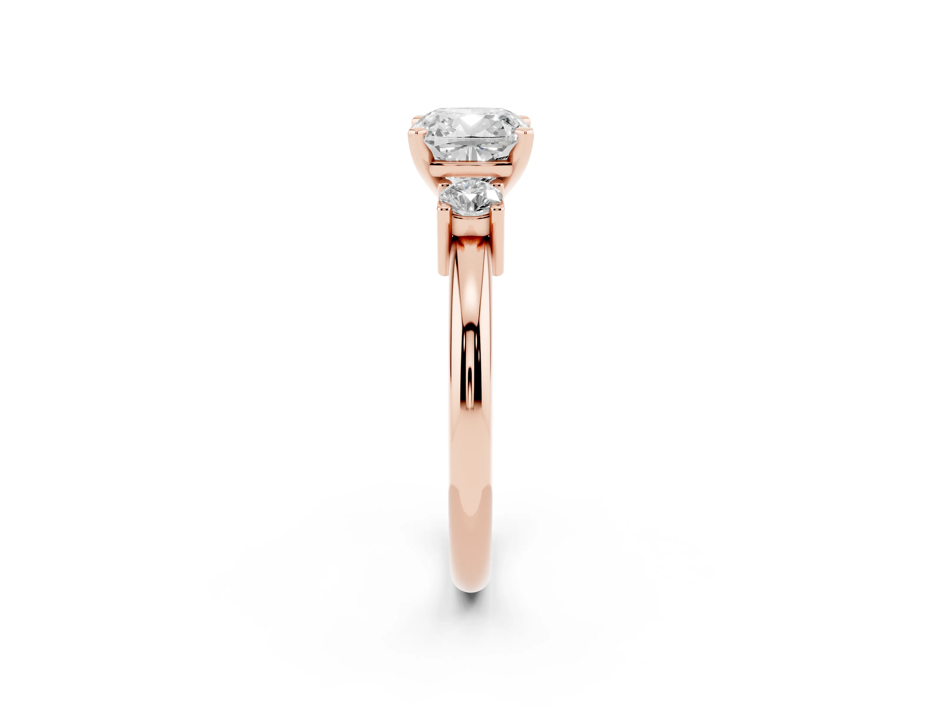 Three-Stone Cushion Cut Diamond Ring Set in Rose gold with Prong Setting and Plain Band