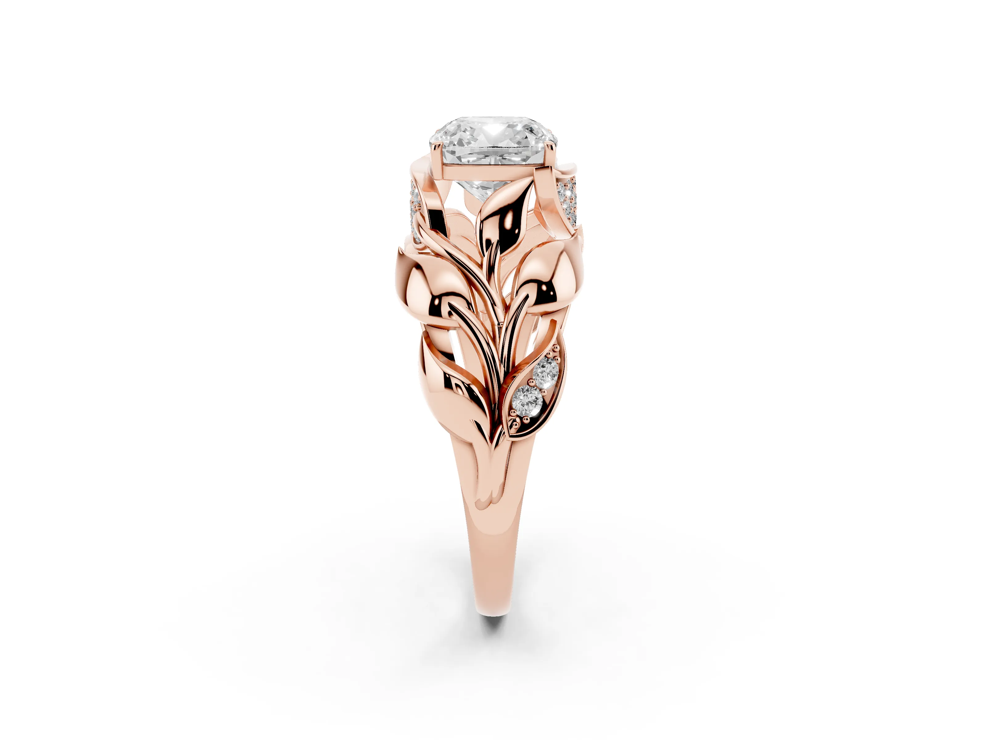 Cushion Cut Diamond Leaf-Inspired Engagement Ring Set in Rose gold with Round Accents