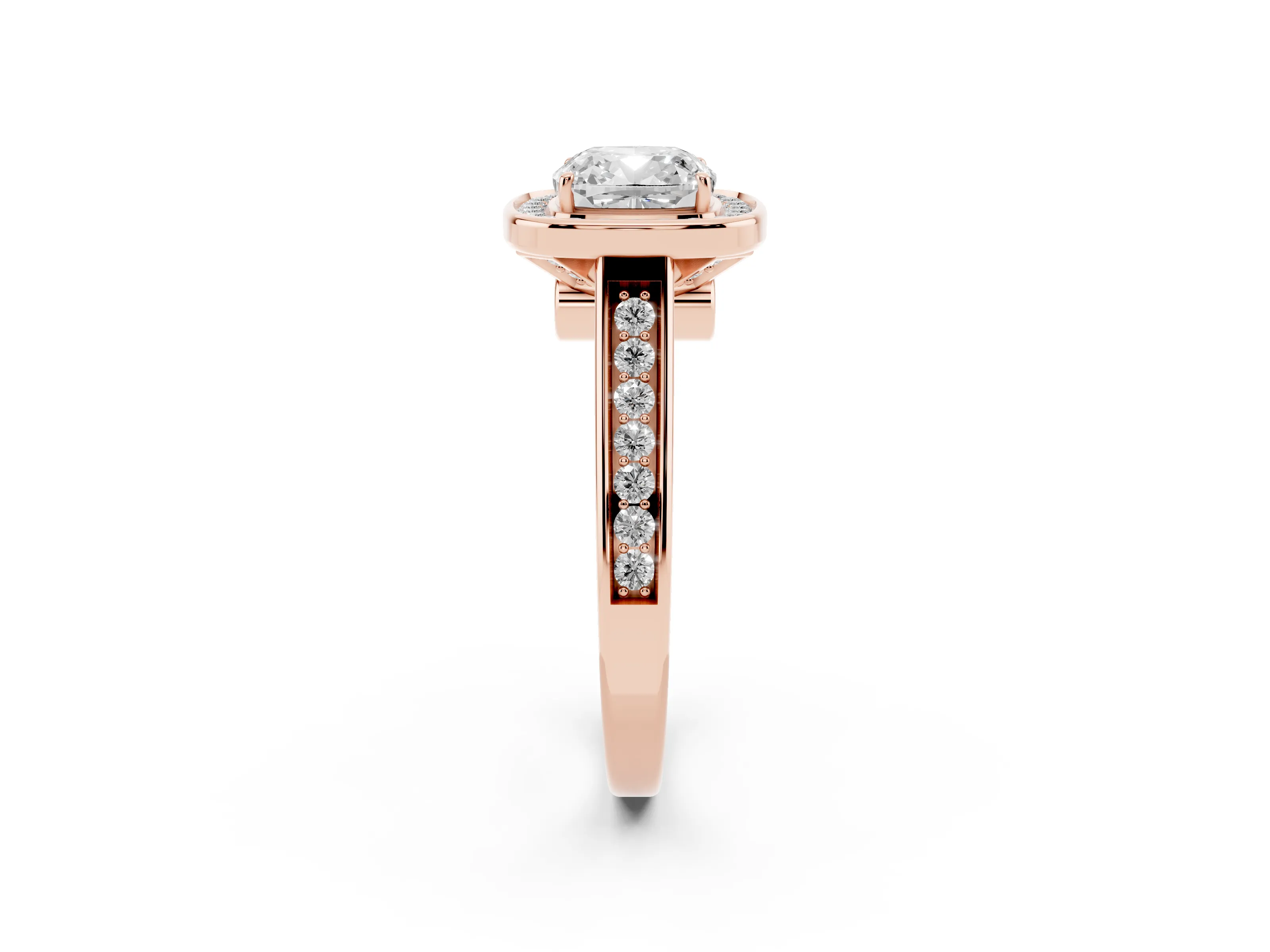 Cushion Cut Diamond Halo Solitaire Ring Set in Rose gold with Pavé Band and Bezel Setting
