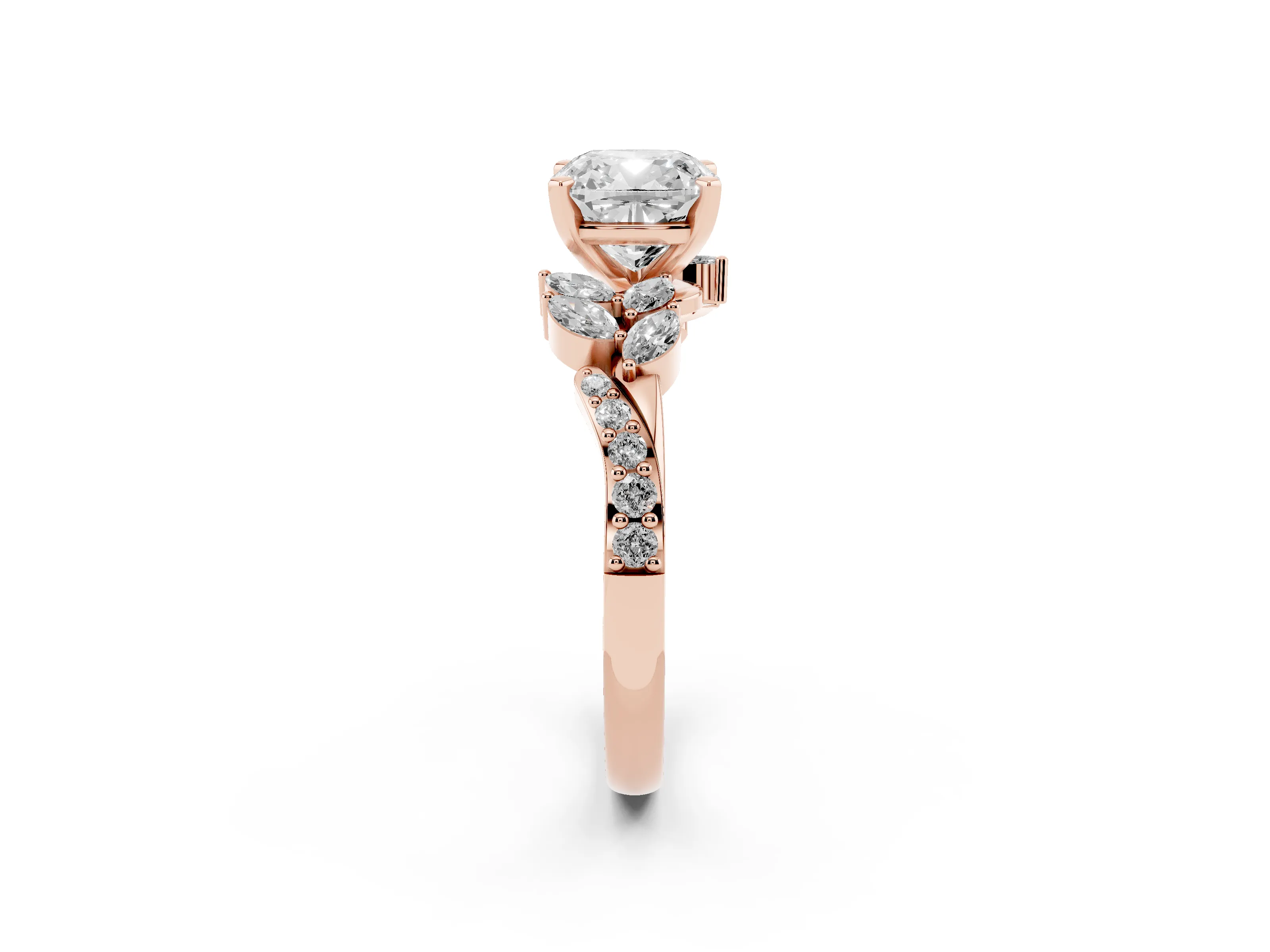 Cushion Cut Diamond Solitaire Ring Set in Rose gold with Marquise Twist Band and Prong Setting