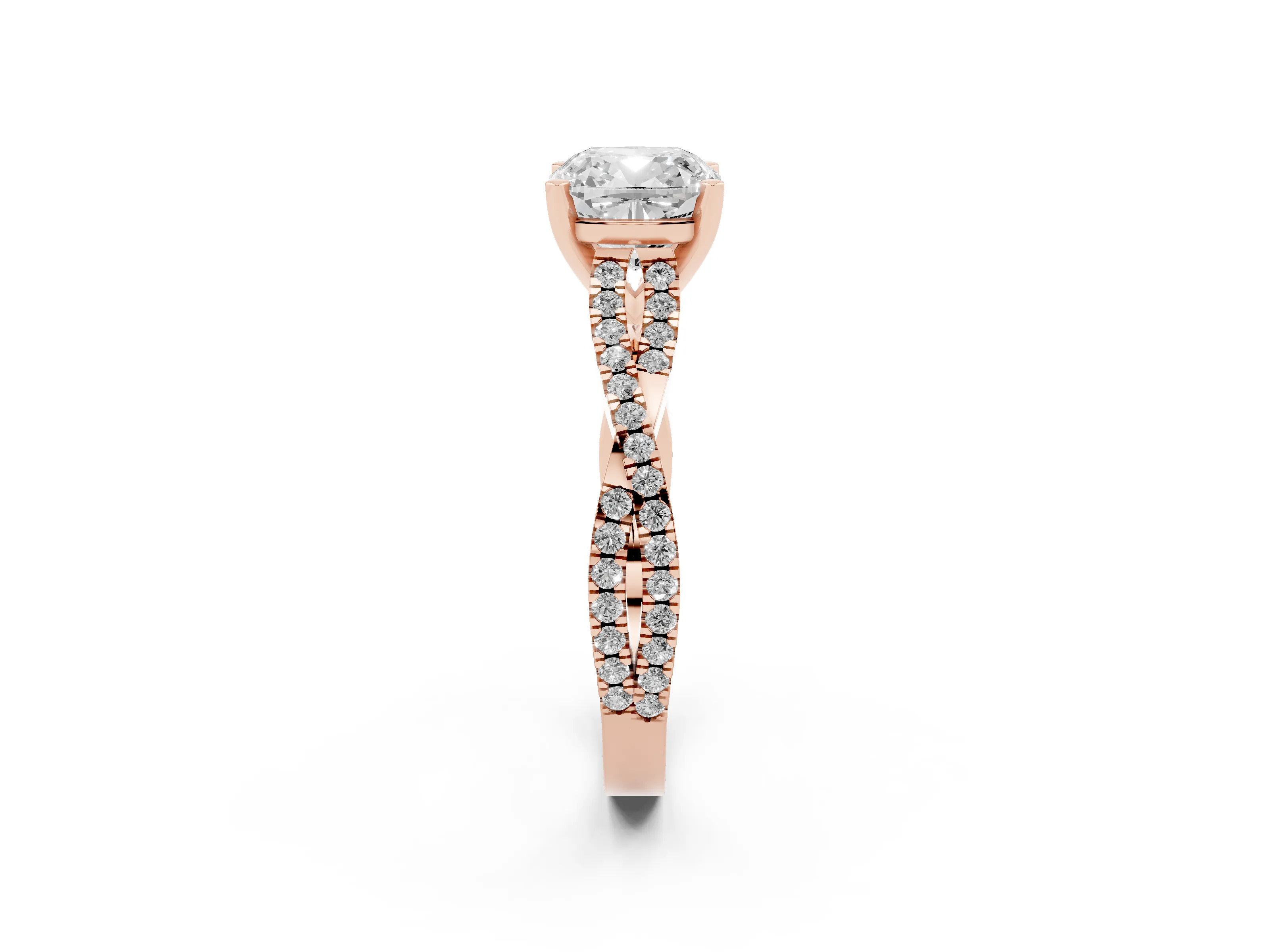 Cushion Cut Diamond Solitaire Engagement Ring Set in Rose gold with Twisted Pavé Band and Prong Setting