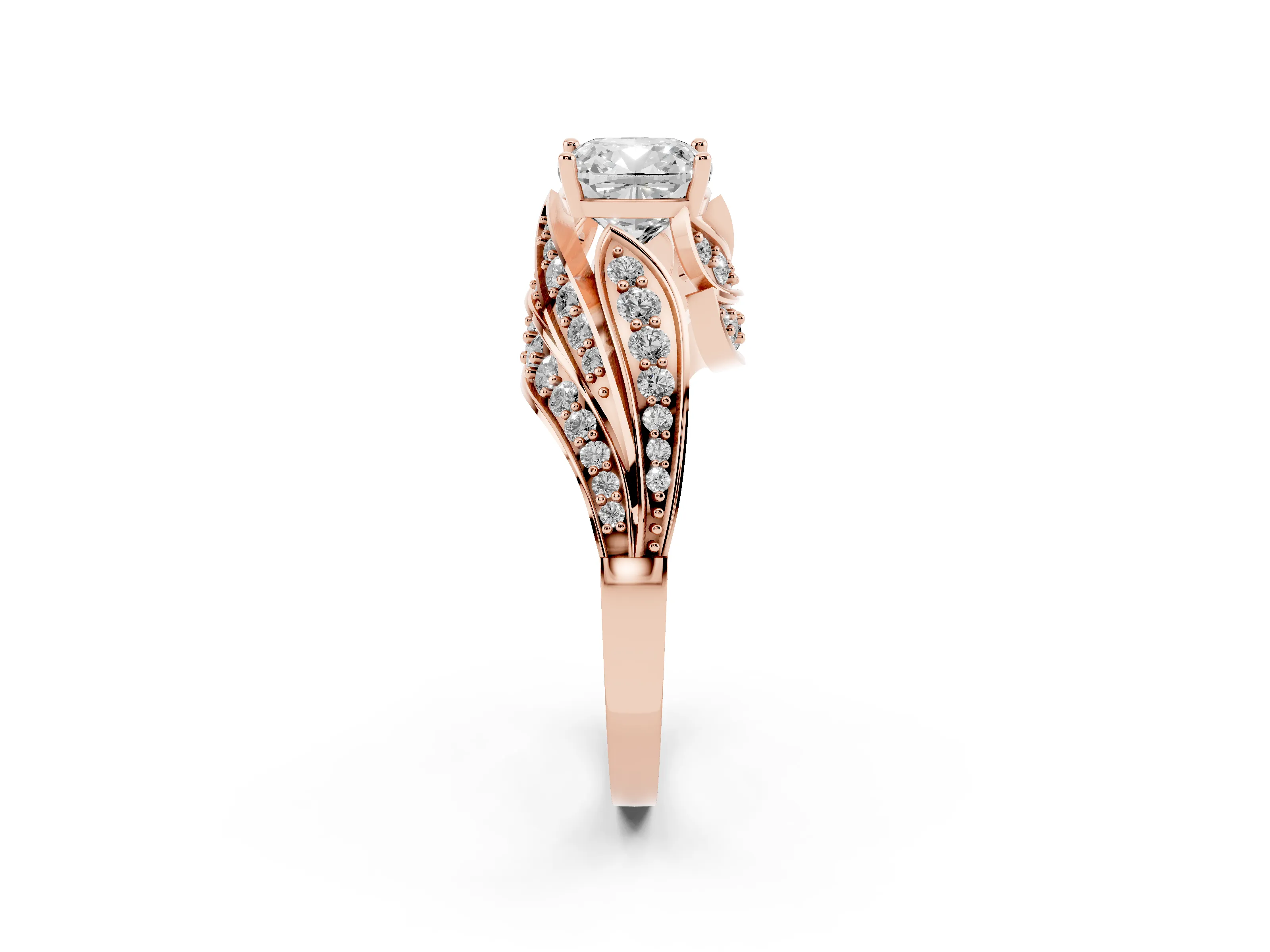 Cushion Cut Diamond Solitaire Ring Set in Rose gold with Layered Twist Pavé Band