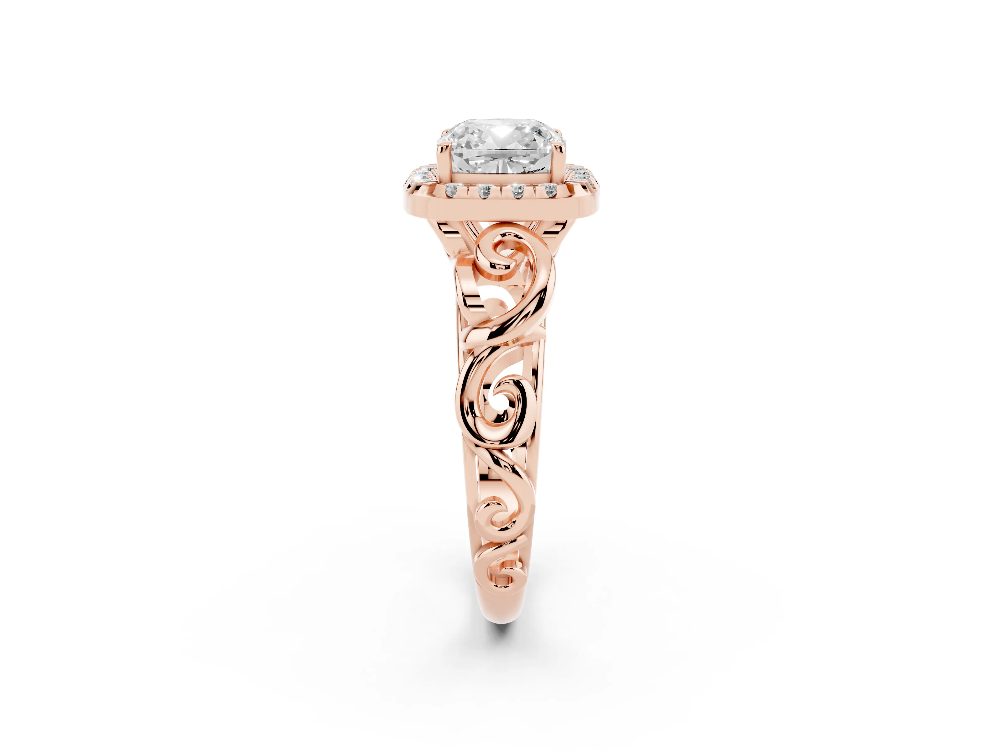 Cushion Cut Diamond Halo Ring Set in Rose gold with Scrollwork Band and Prong Setting