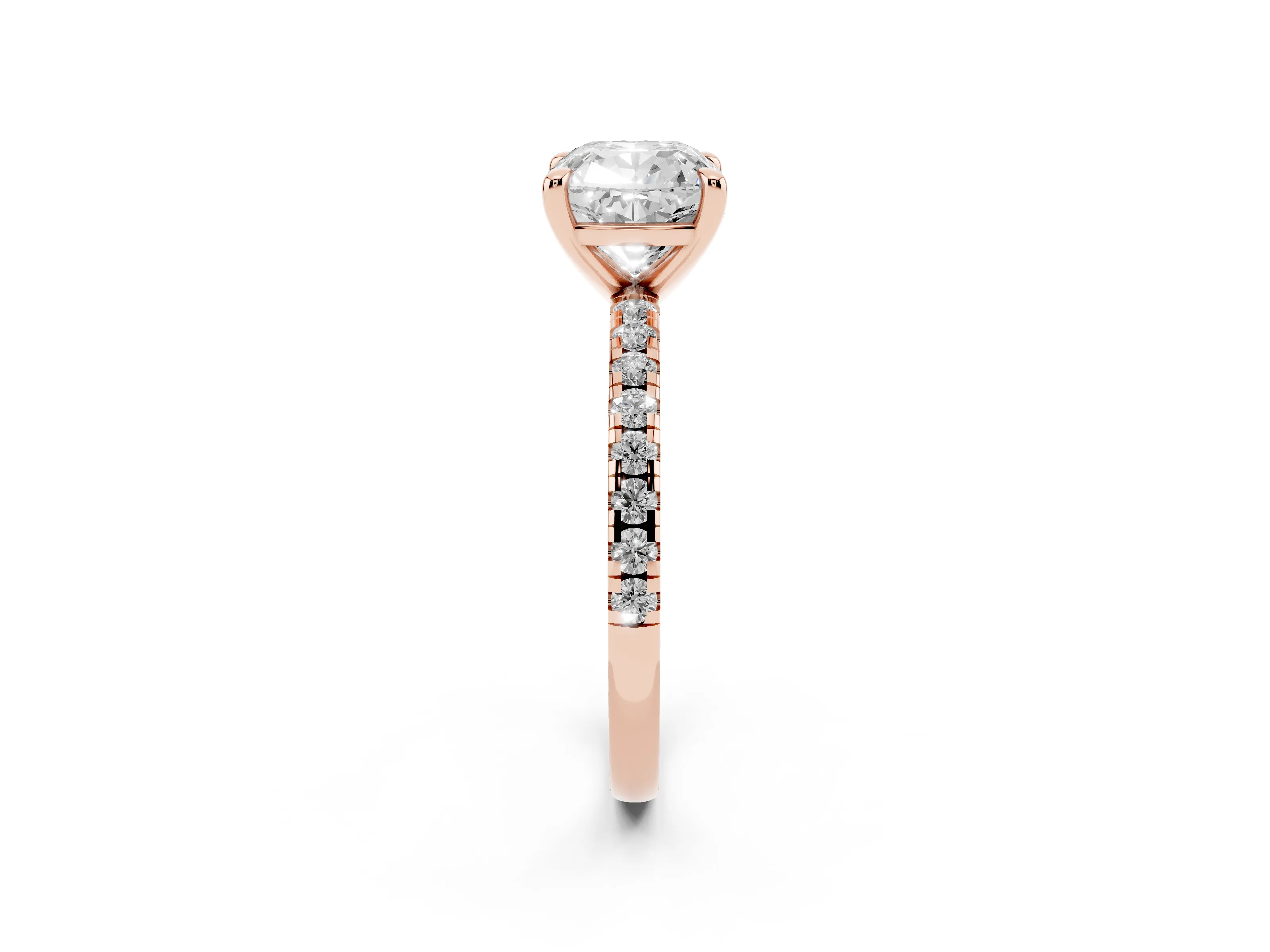 Cushion Cut Diamond Brilliant Solitaire Ring Set in Rose gold with Pavé Band and Prong Setting