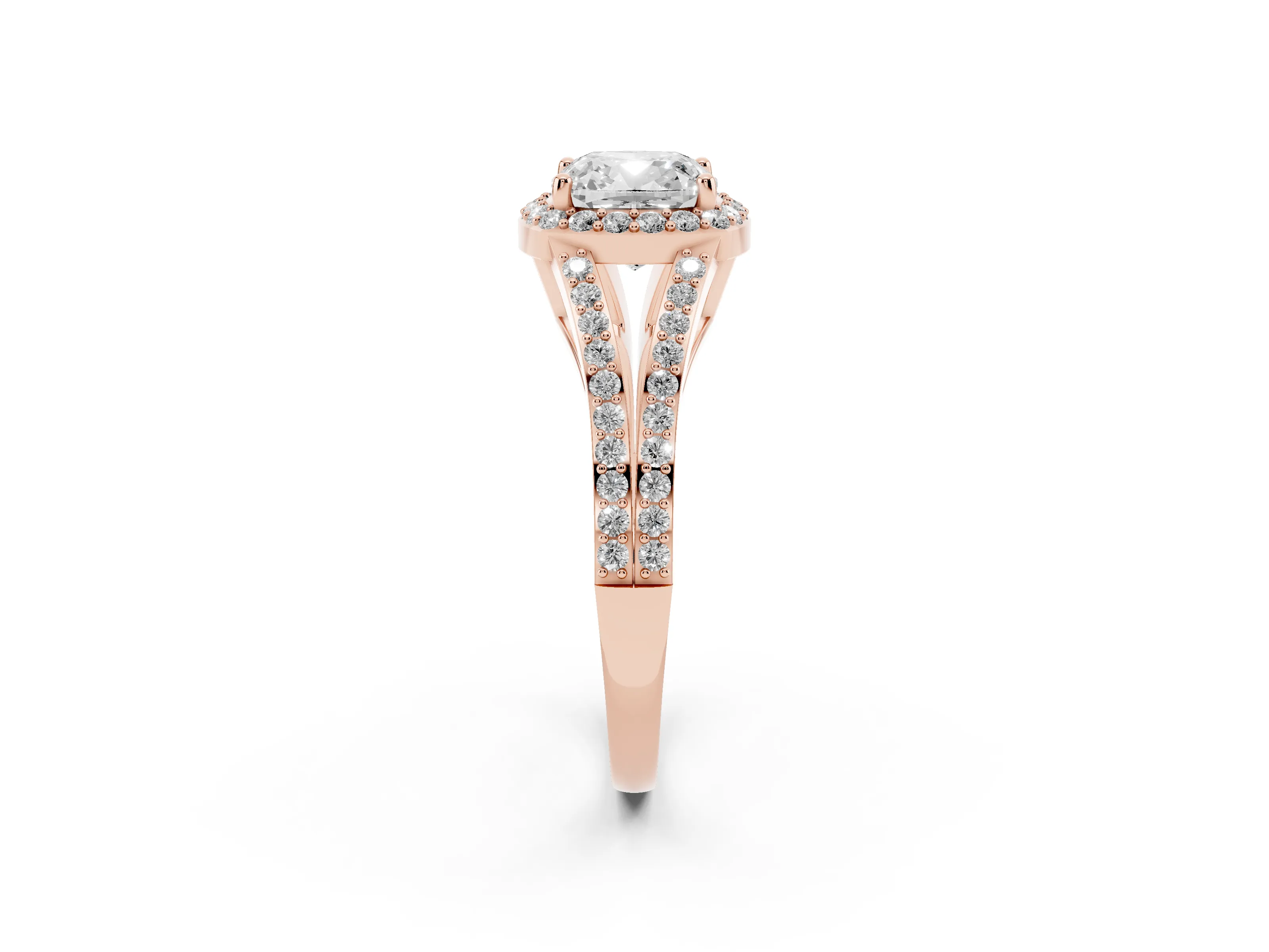 Cushion Cut Diamond Halo Split Shank Ring Set in Rose gold with Accent Stones and Prong Setting