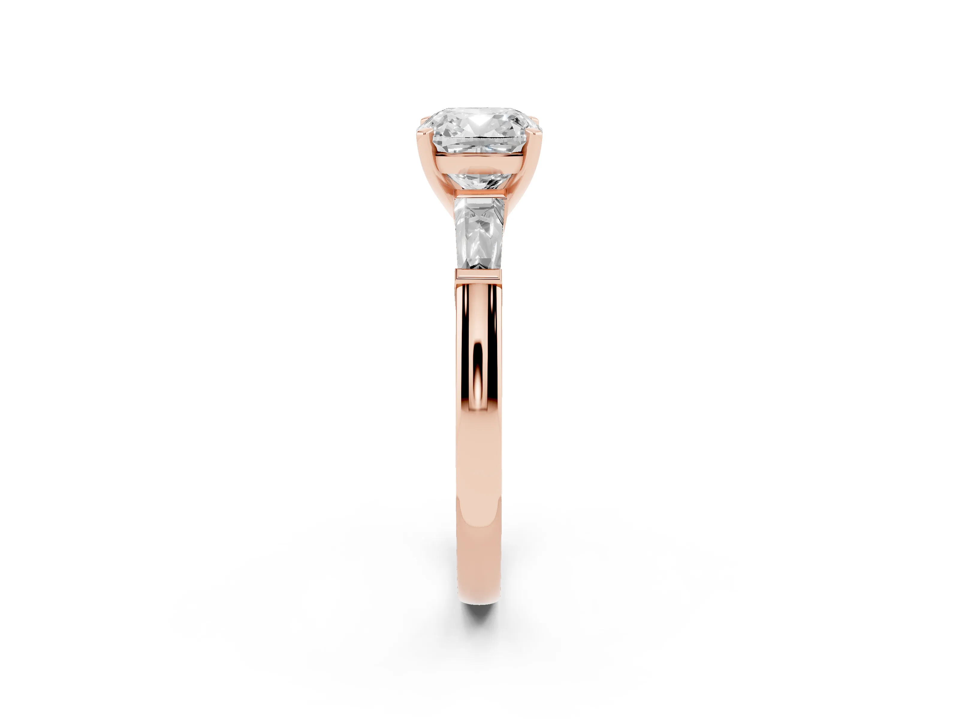 Cushion Cut Diamond Solitaire Ring Set in Rose gold with Tapered Baguette Side Stones and Prong Setting