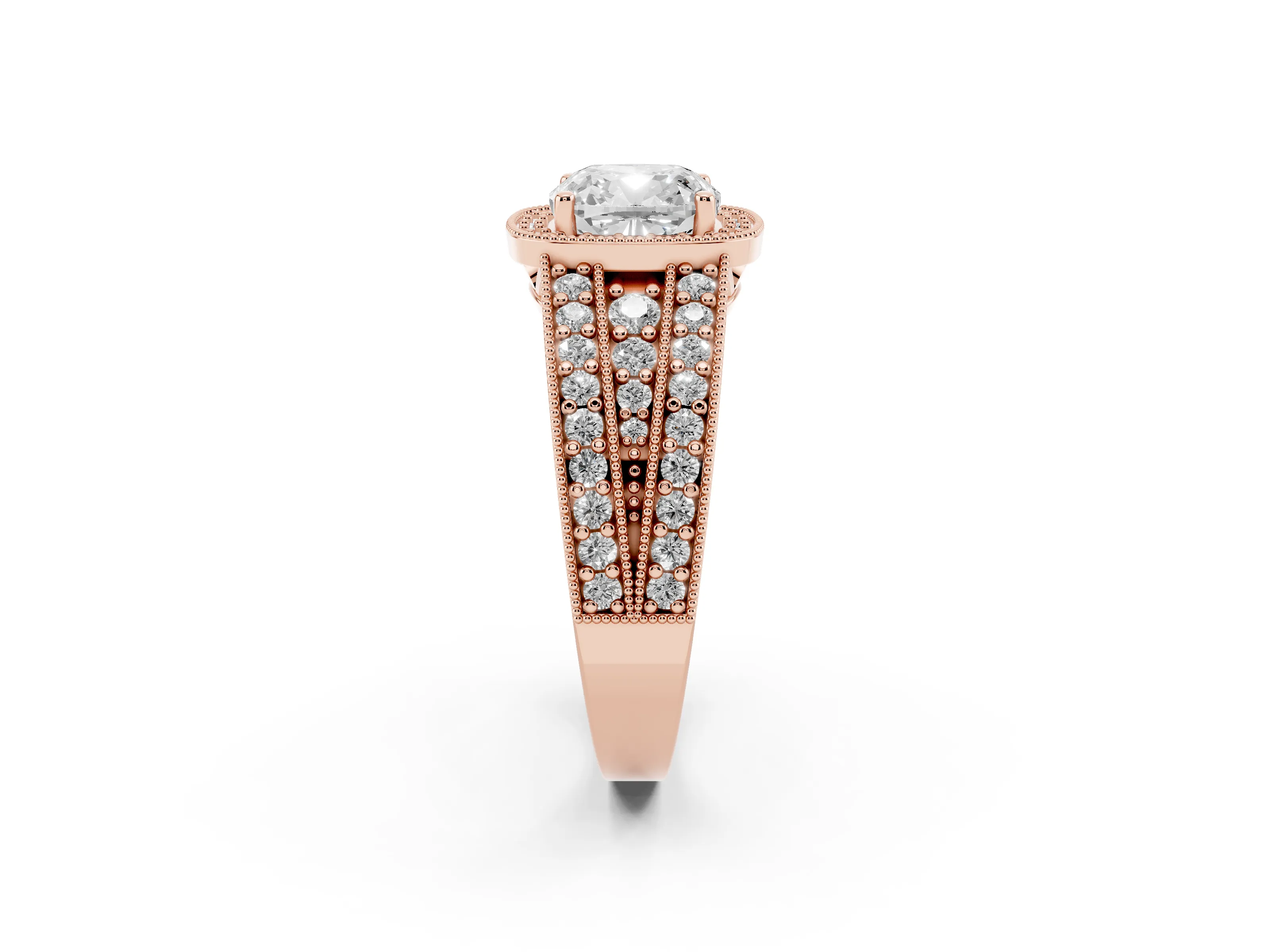 Cushion Cut Diamond Halo Ring Set in Rose gold with Accent Split Shank and Prong Setting