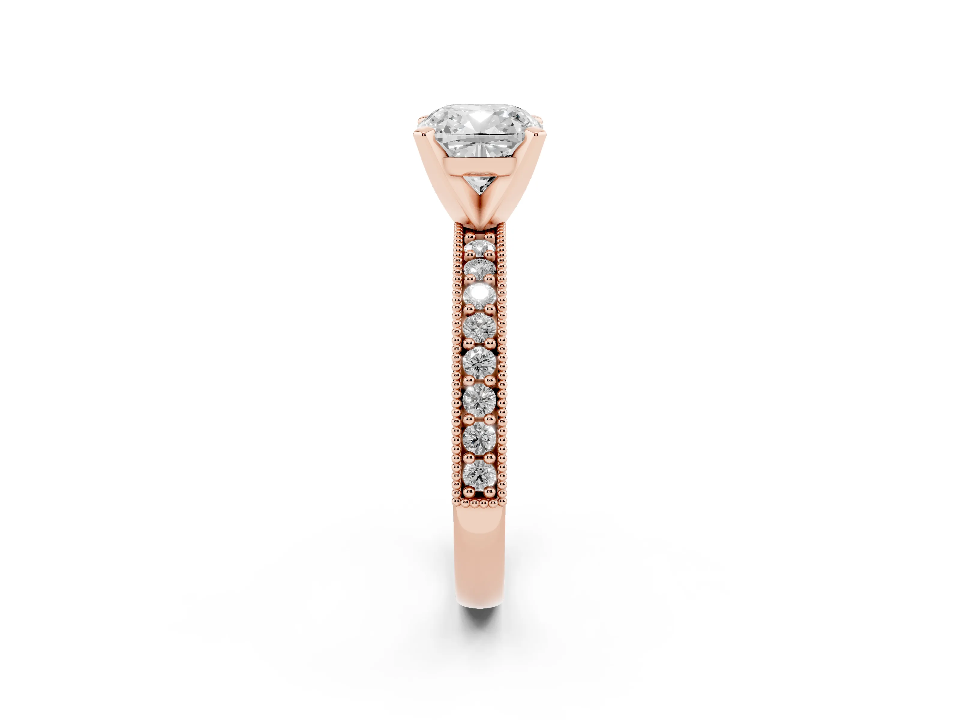 Cushion Cut Diamond Milgrain Pavé Engagement Ring Set in Rose gold with Prong Setting