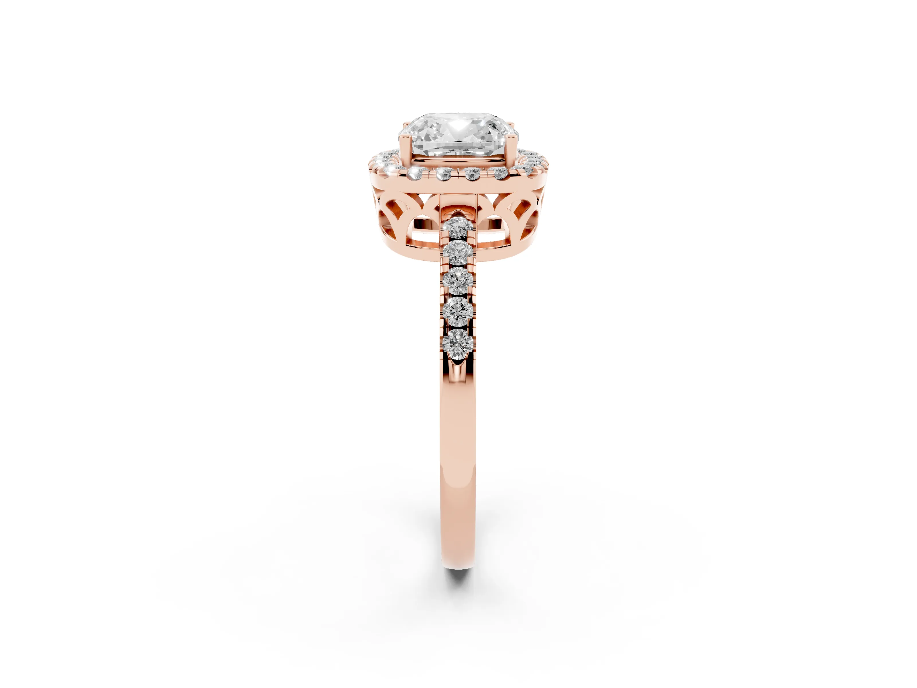 Cushion Cut Diamond Pavé Band Halo Engagement Ring Set in Rose gold with Prong Setting
