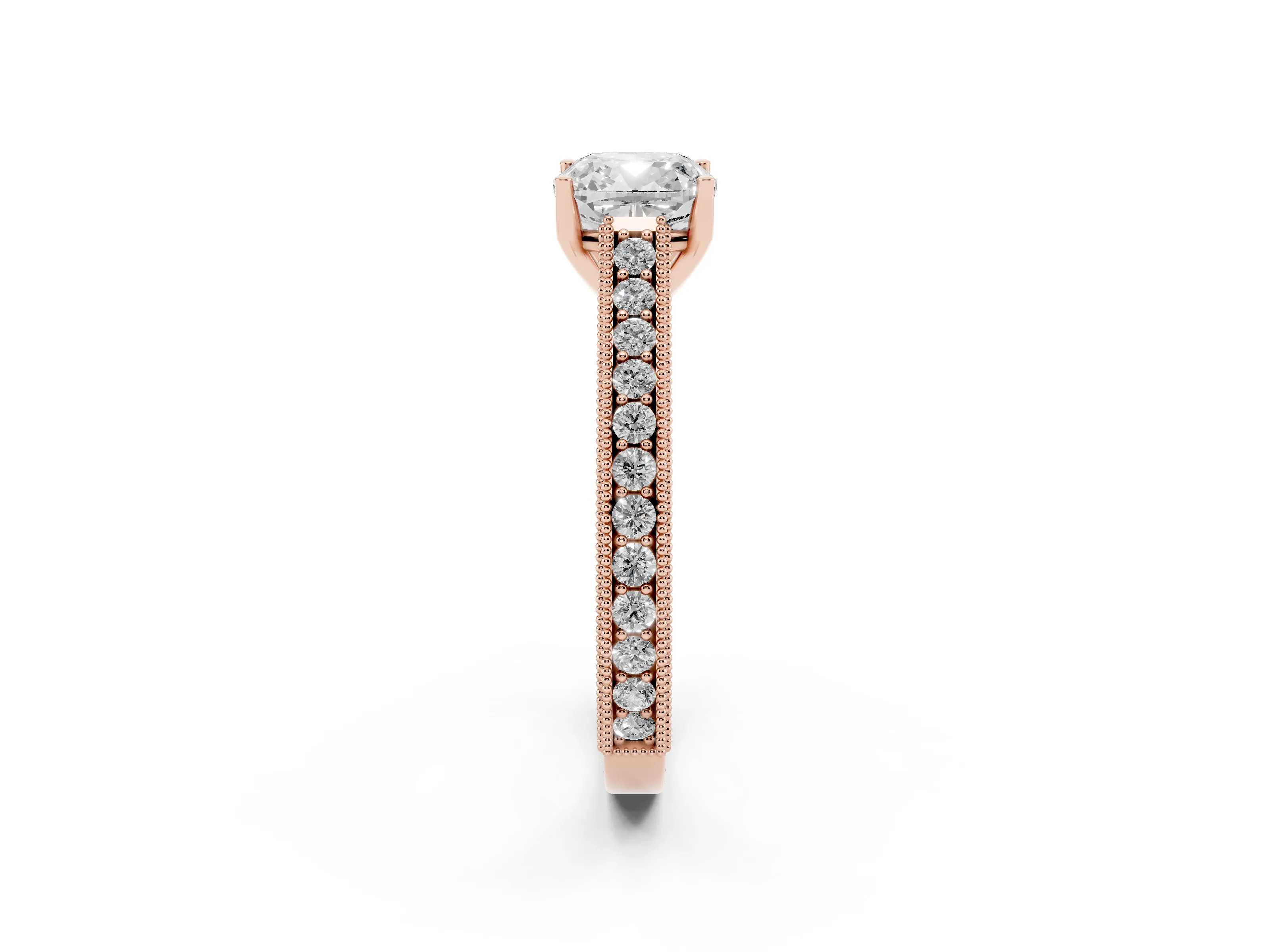 Cushion Cut Diamond Milgrain Pavé Band Solitaire Ring Set in Rose gold with Prong Setting