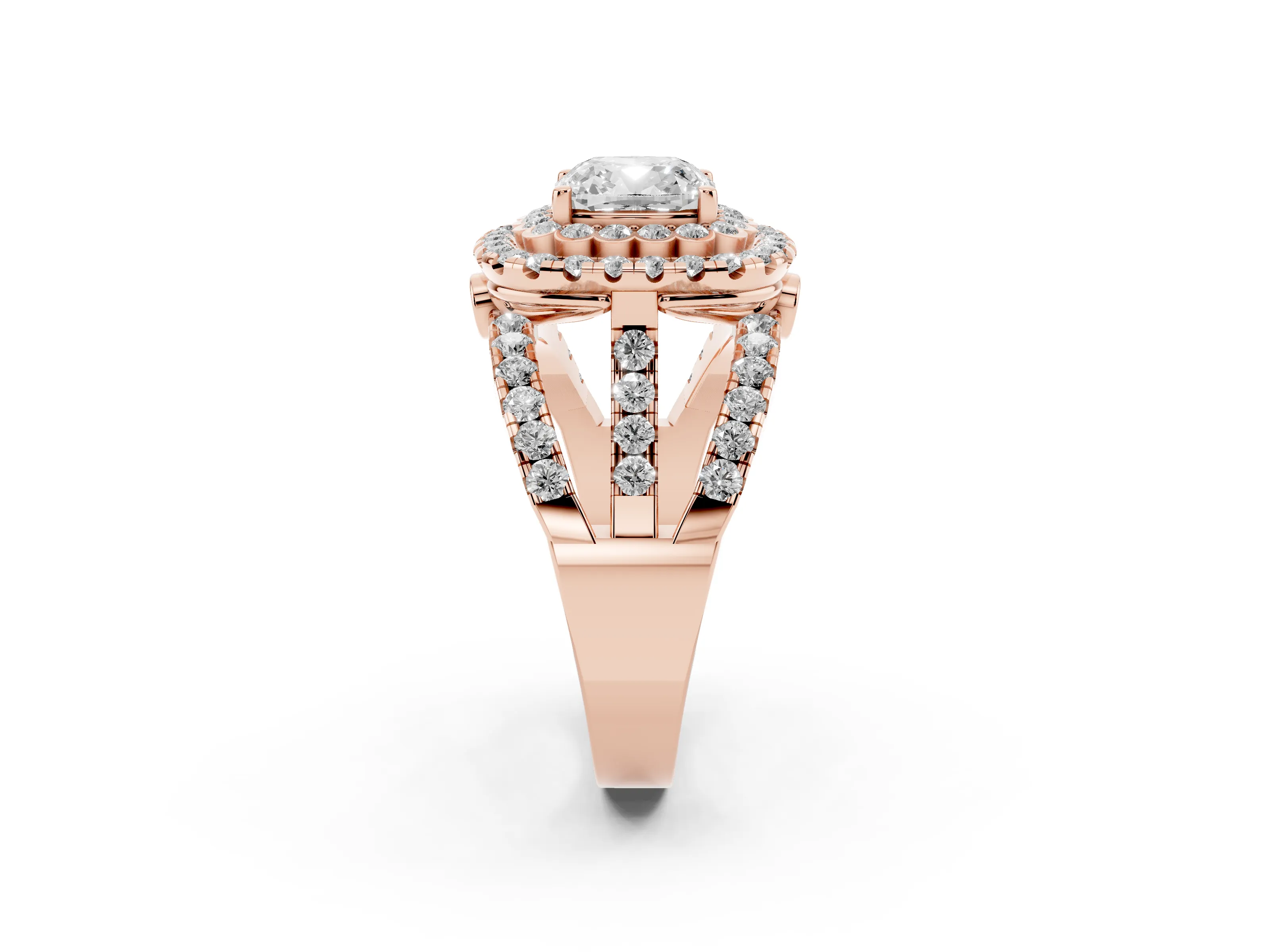 Cushion Cut Diamond Double Halo Ring Set in Rose gold with Round Pavé Split Shank