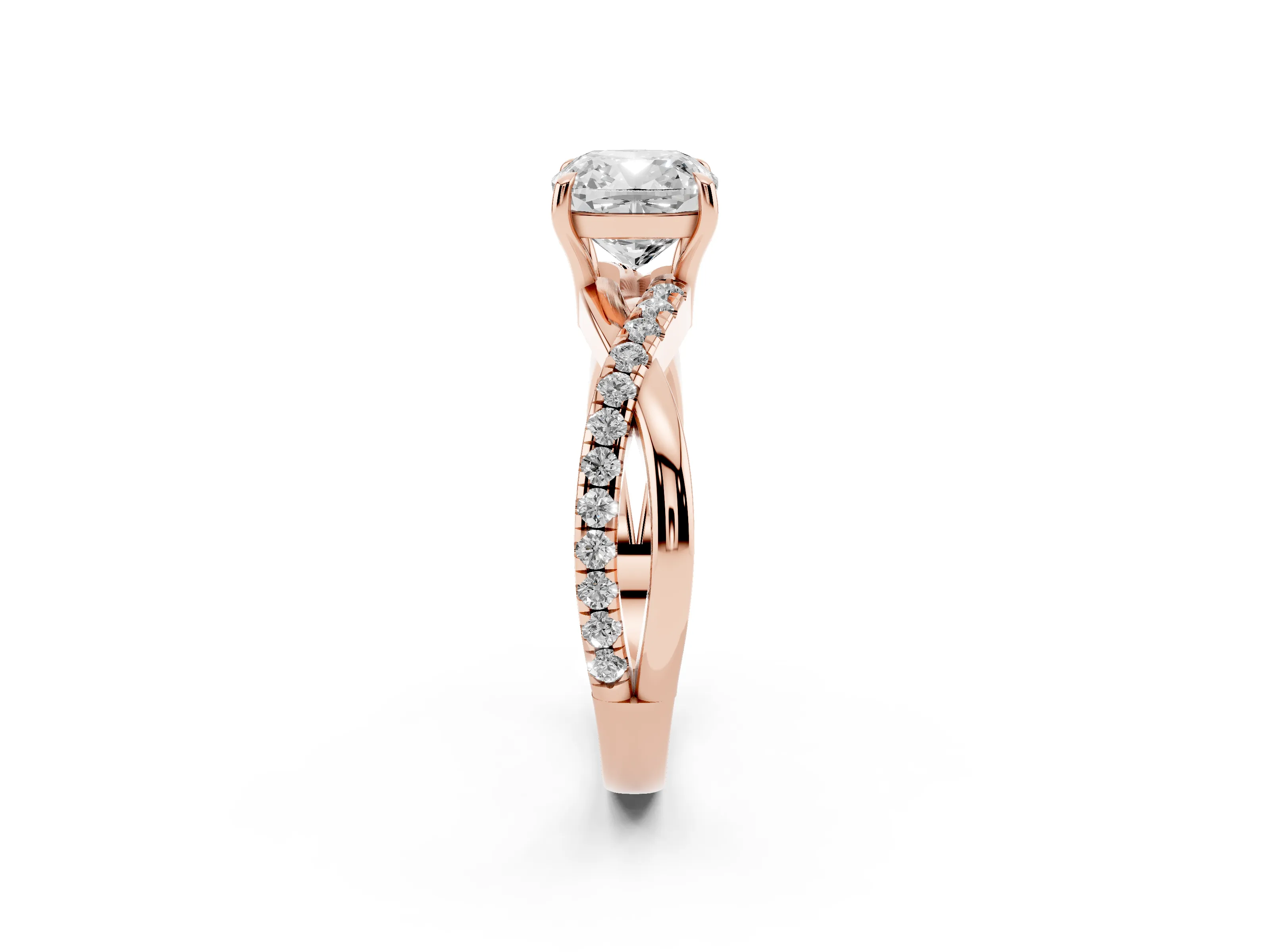 Cushion Cut Diamond Twisted Pavé Band Ring Set in Rose gold with Prong Setting