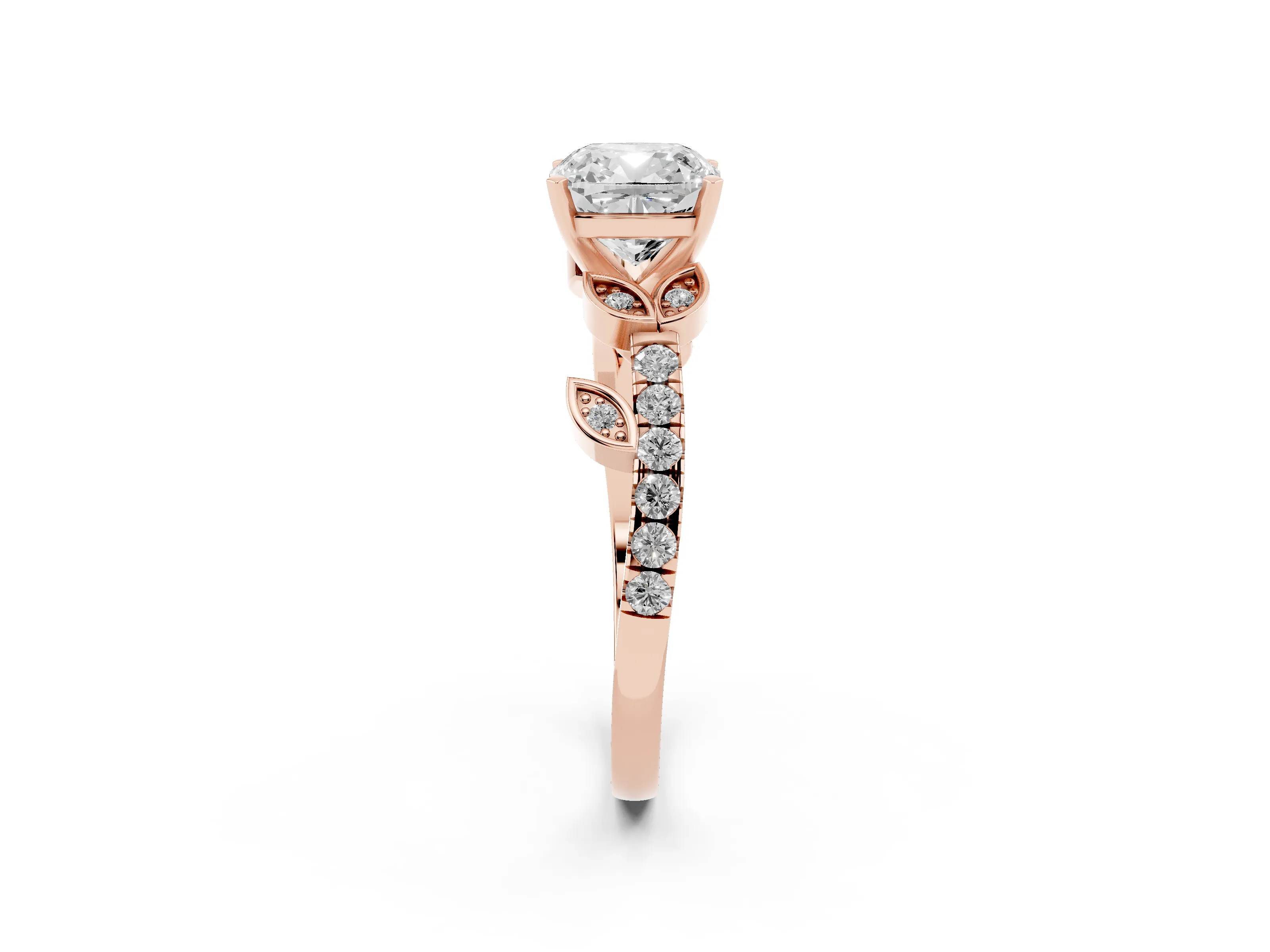 Cushion Cut Diamond Solitaire Leaf-Inspired Ring Set in Rose gold with Pavé Band and Prong Setting