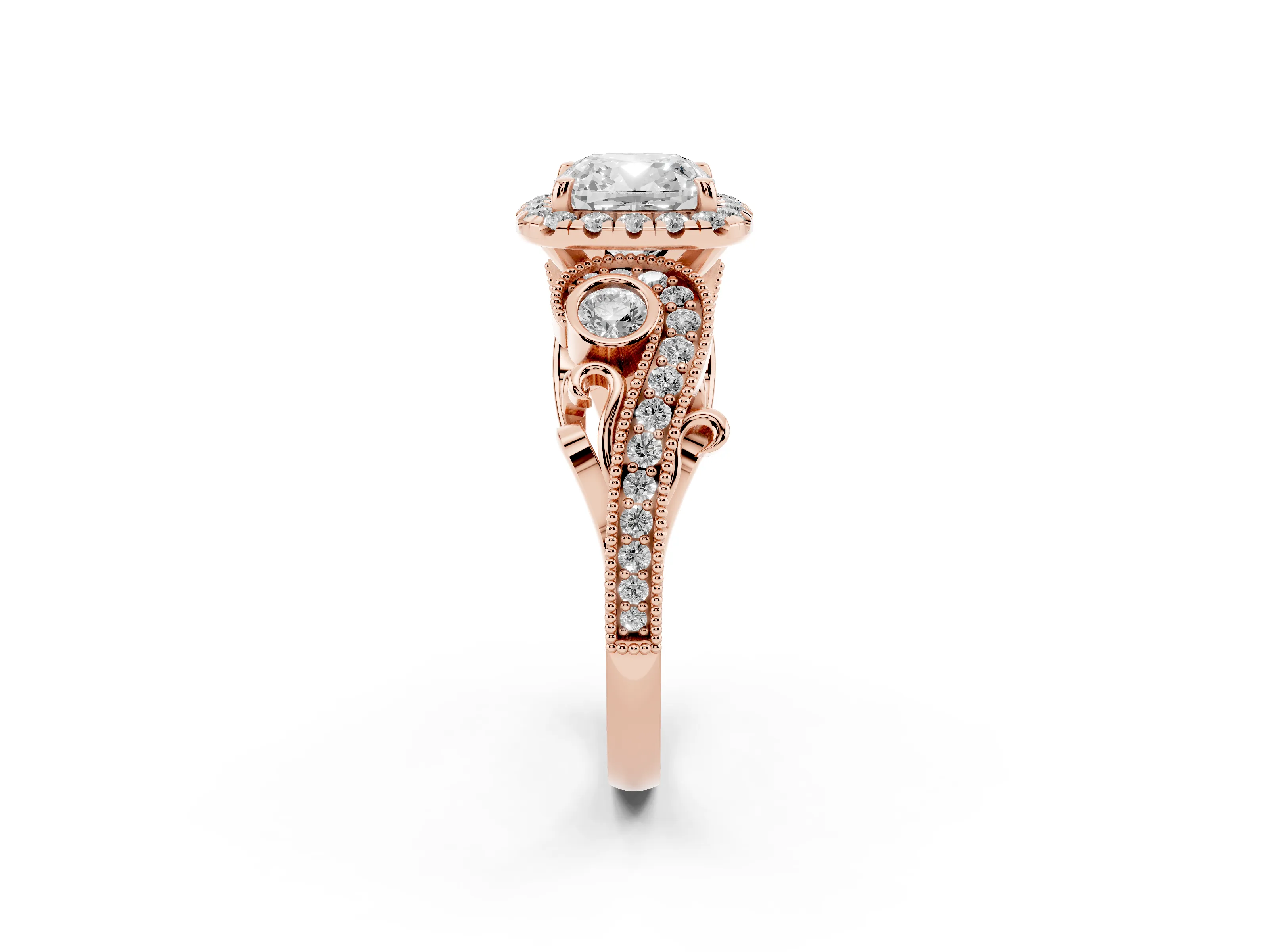 Cushion Cut Diamond Halo Ring Set in Rose gold with Milgrain Pavé Band and Prong Setting