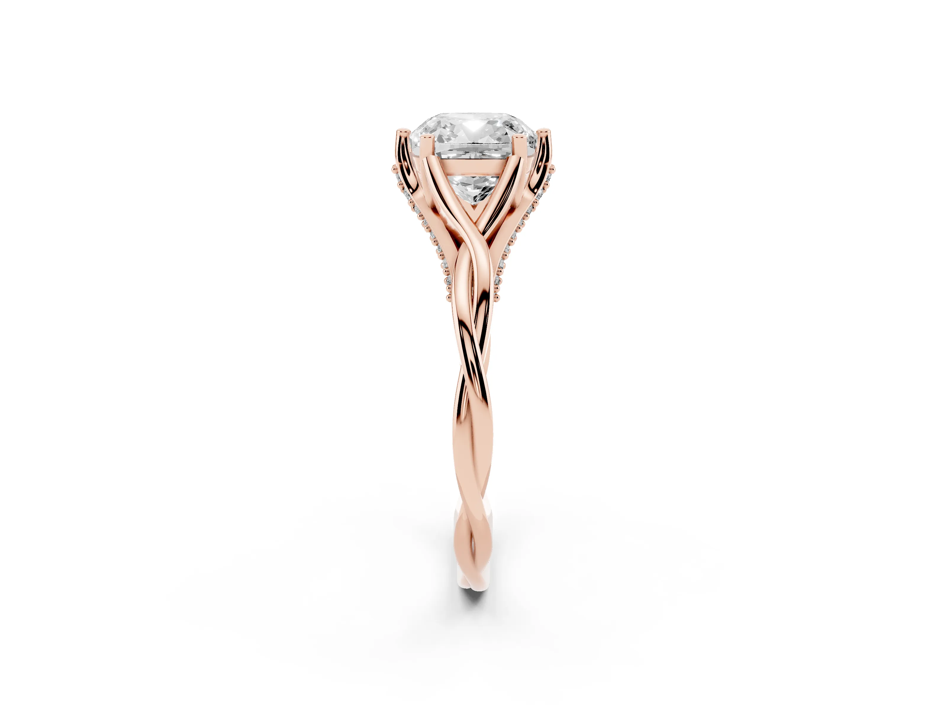 Cushion Cut Diamond Intertwined Twist Band Solitaire Ring Set in Rose gold with Prong Setting