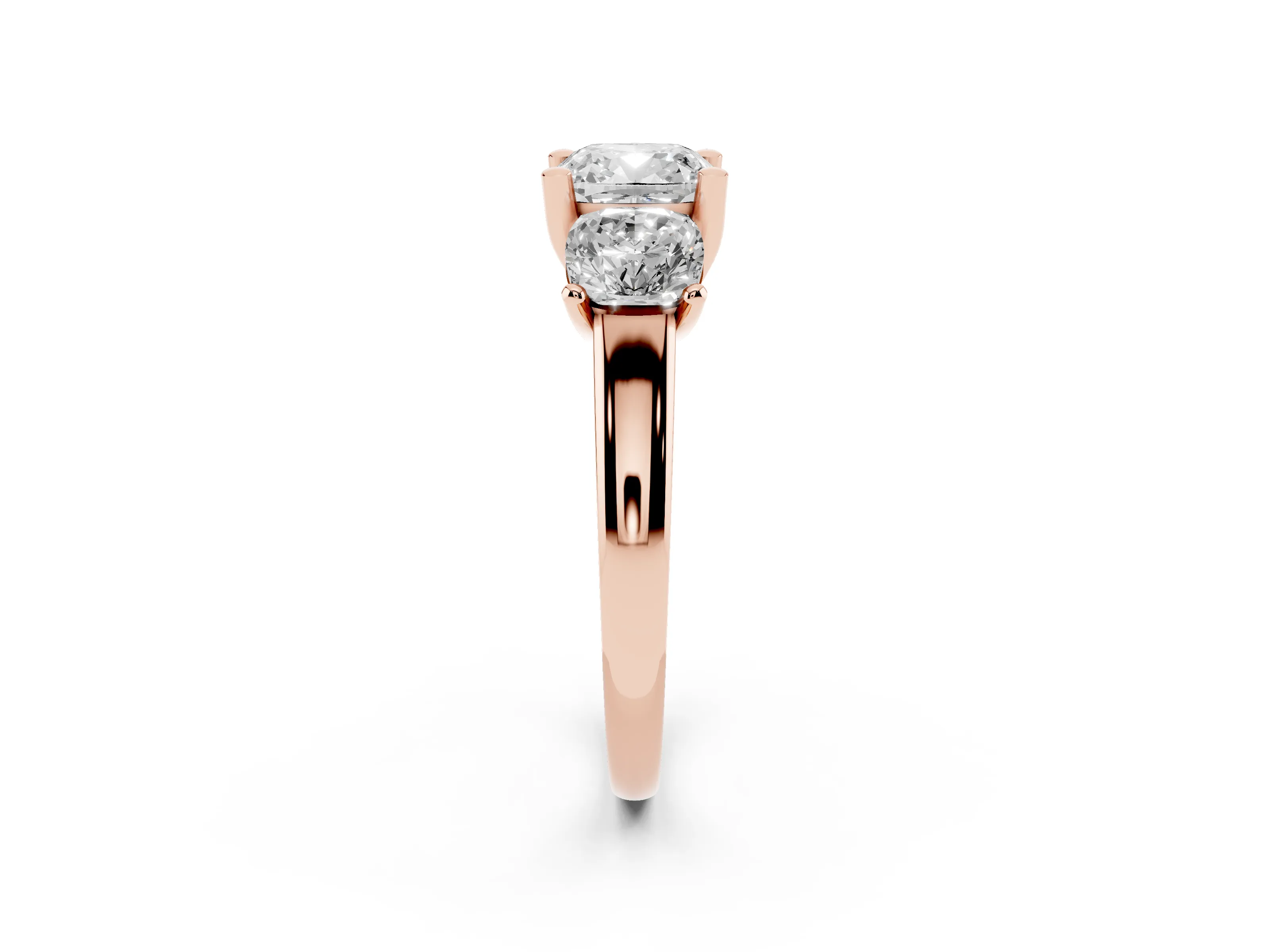 Cushion Cut Diamond Three-Stone Ring Set in Rose gold with Classic Prong Setting and Plain Band
