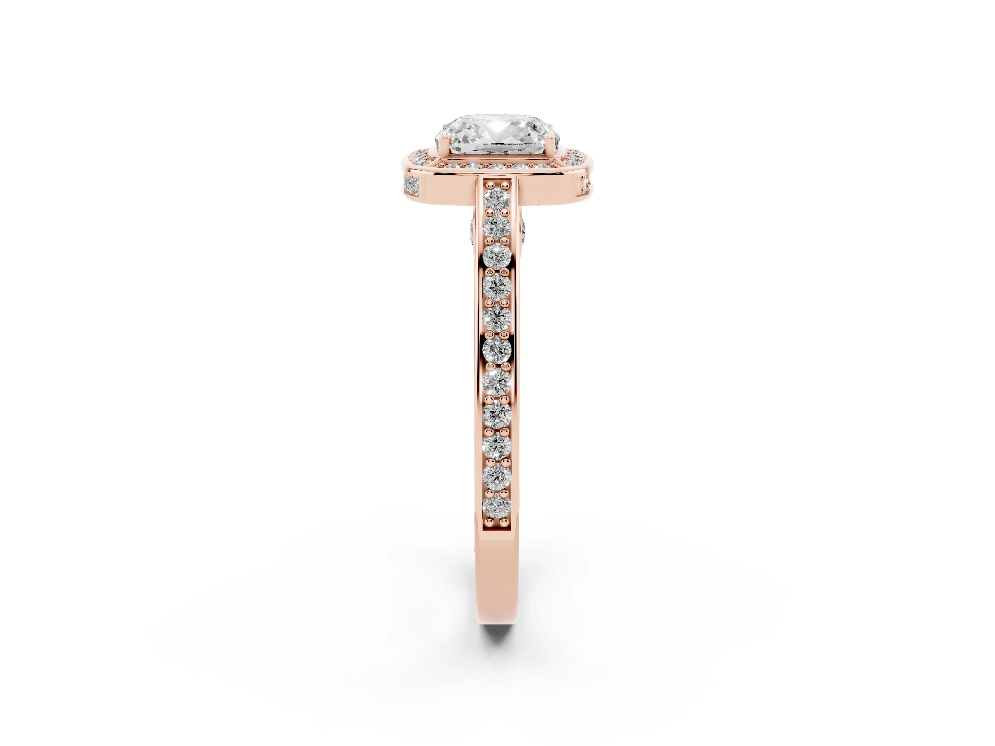 Cushion Cut Diamond Halo Pavé Split Shank Ring Set in Rose gold with Prong Setting