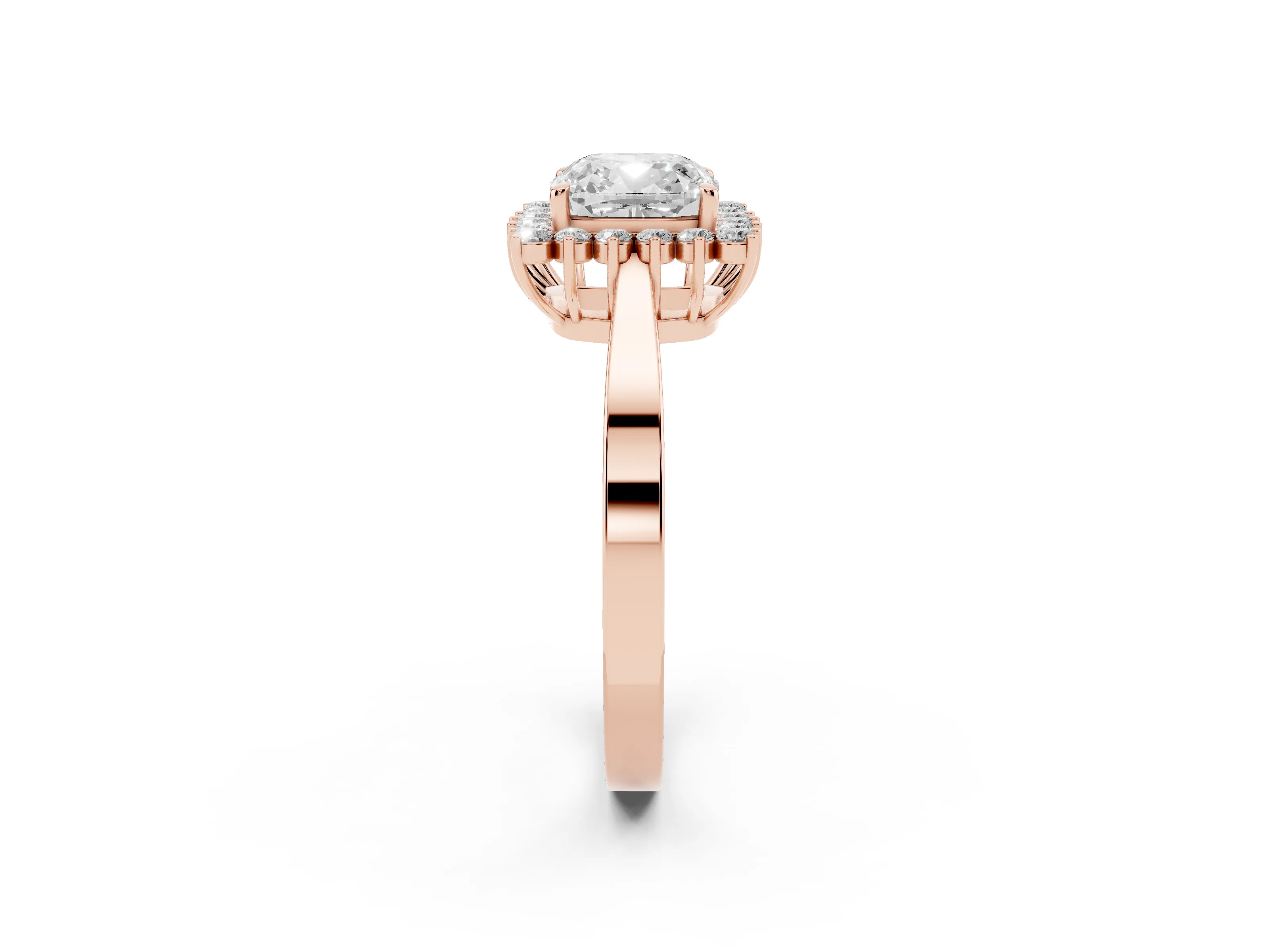Cushion Cut Diamond Halo Ring Set in Rose gold with Round Halo and Smooth Solitaire Band