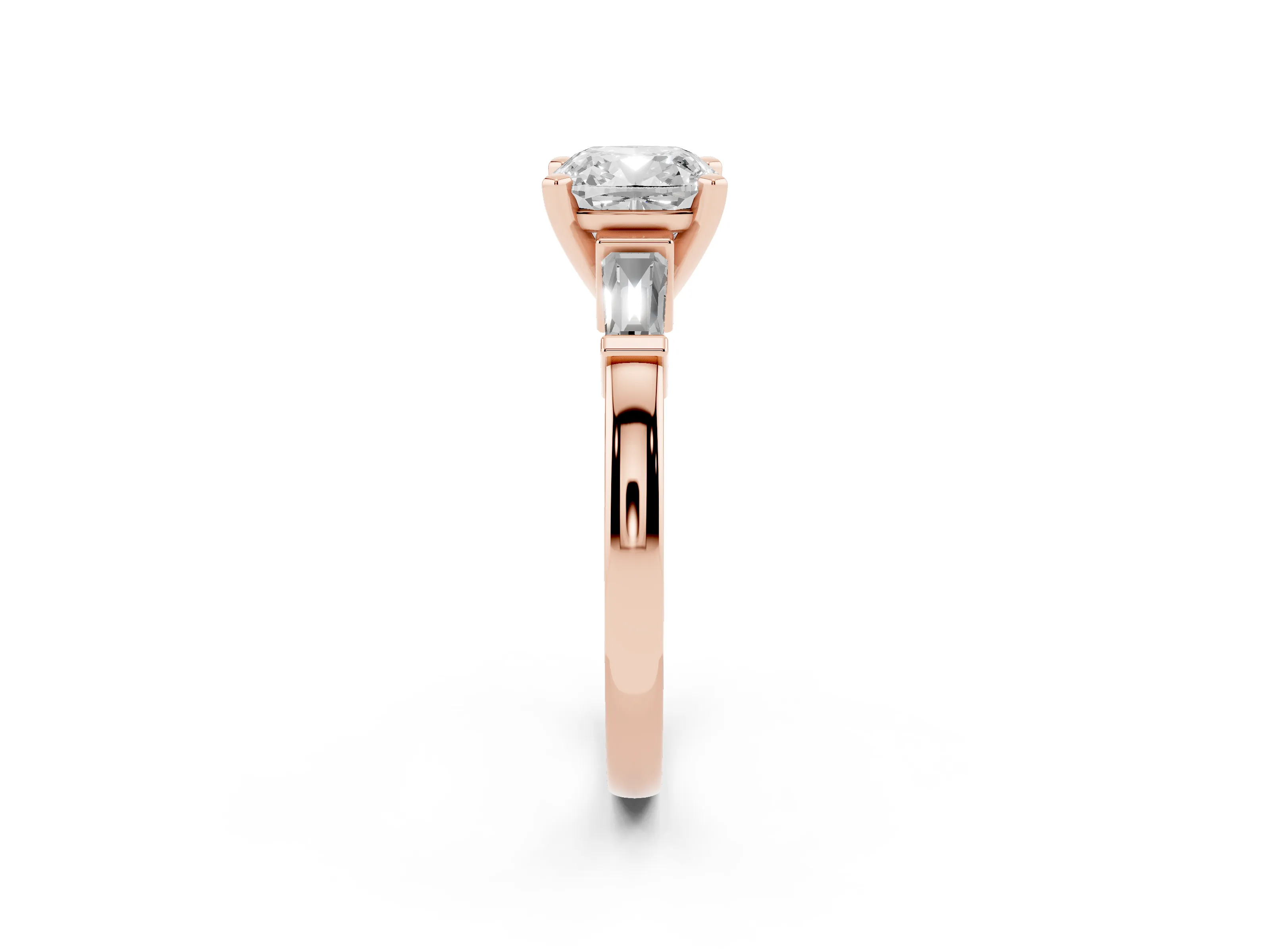 Cushion Cut Diamond Solitaire Ring Set in Rose gold with Tapered Baguette Accents and Prong Setting