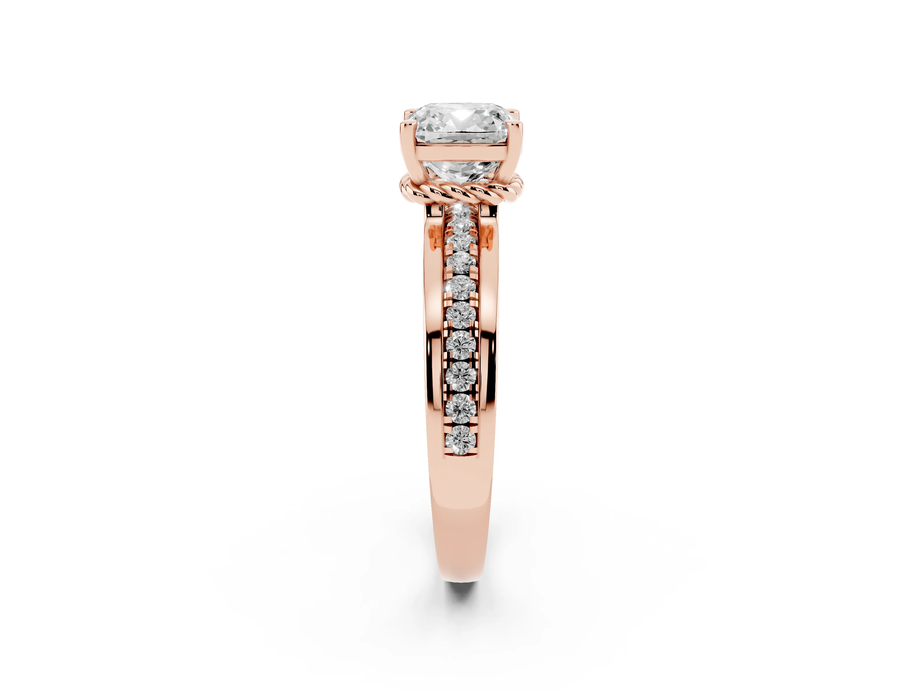 Cushion Cut Diamond Solitaire Ring Set in Rose gold with Channel Set Band and Prong Setting