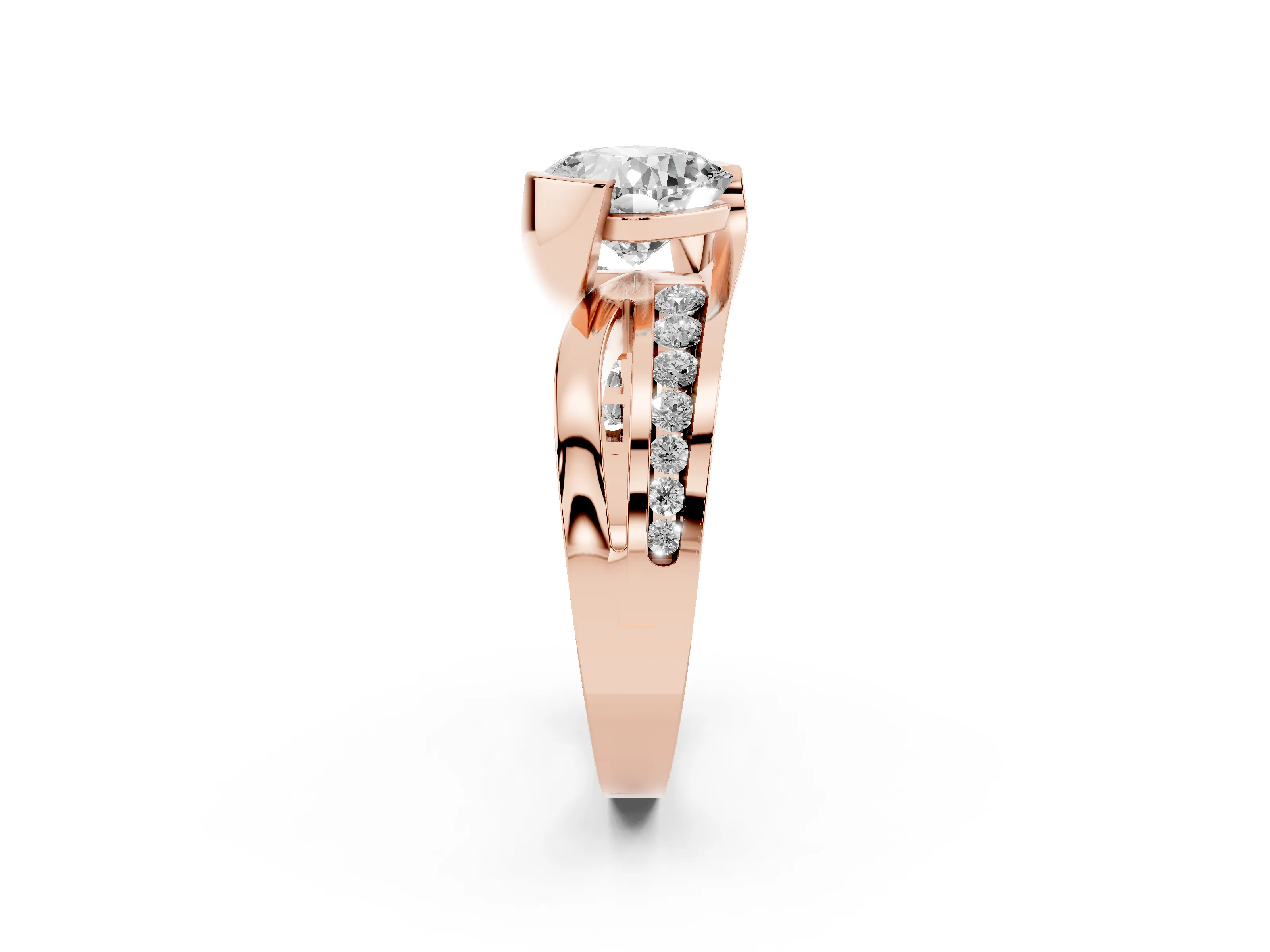 Cushion Cut Diamond Solitaire Ring Set in Rose gold with Channel Set Split Shank and Tension Prongs