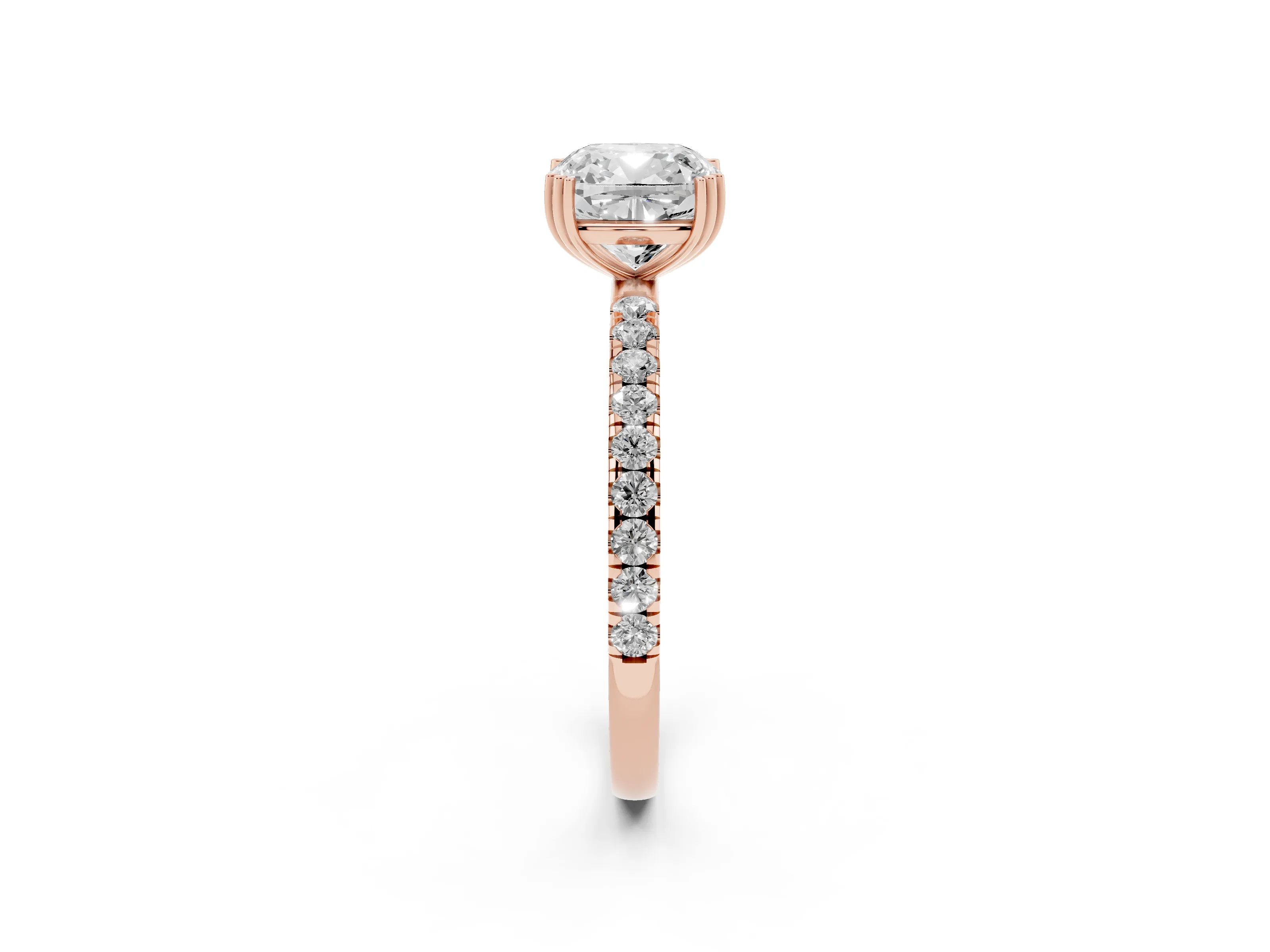Cushion Cut Diamond Brilliant Solitaire Set in Rose gold with Pavé Band and Claw Prong Setting