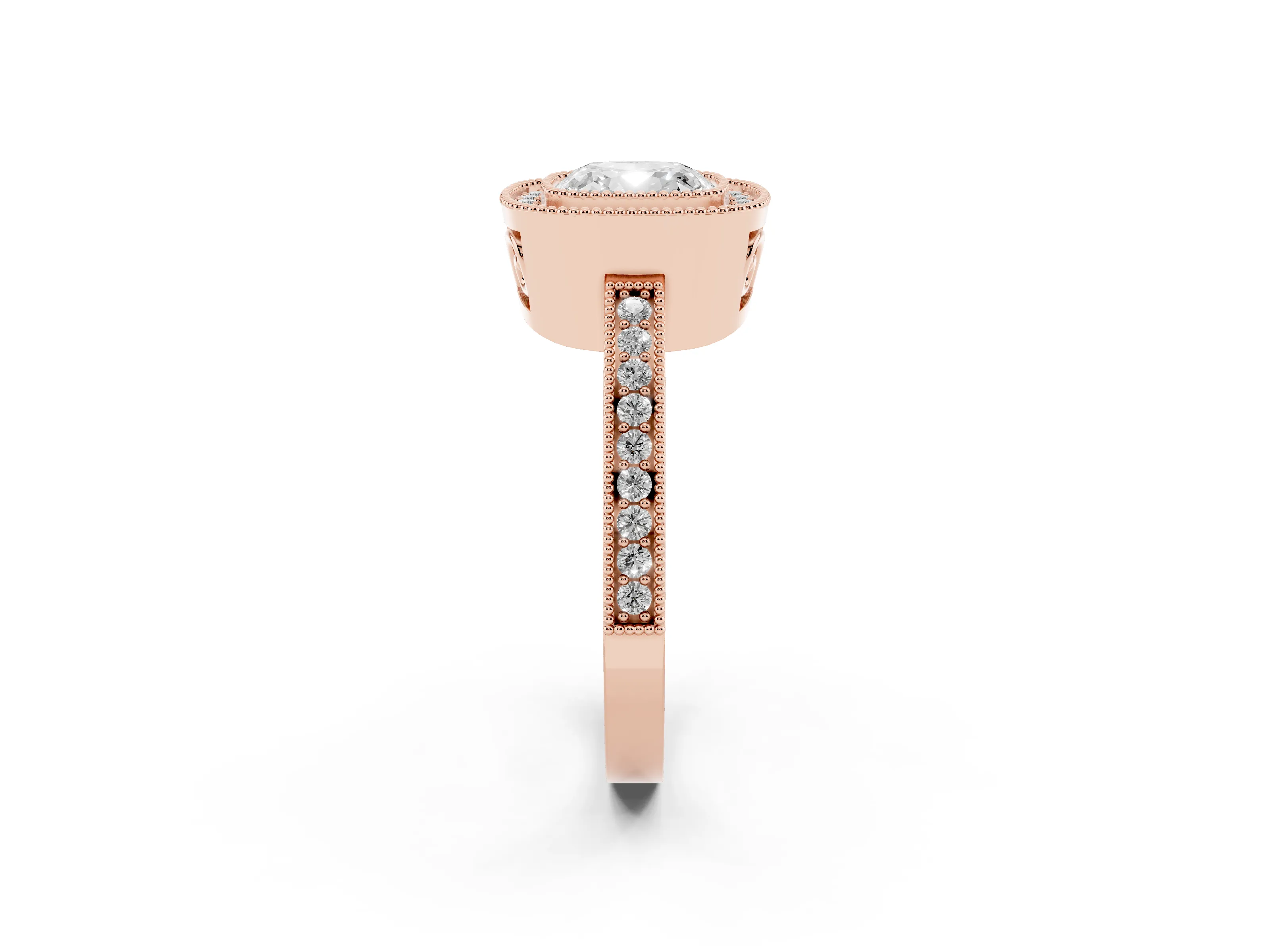 Cushion Cut Diamond Round Halo Ring Set in Rose gold with Pavé Band
