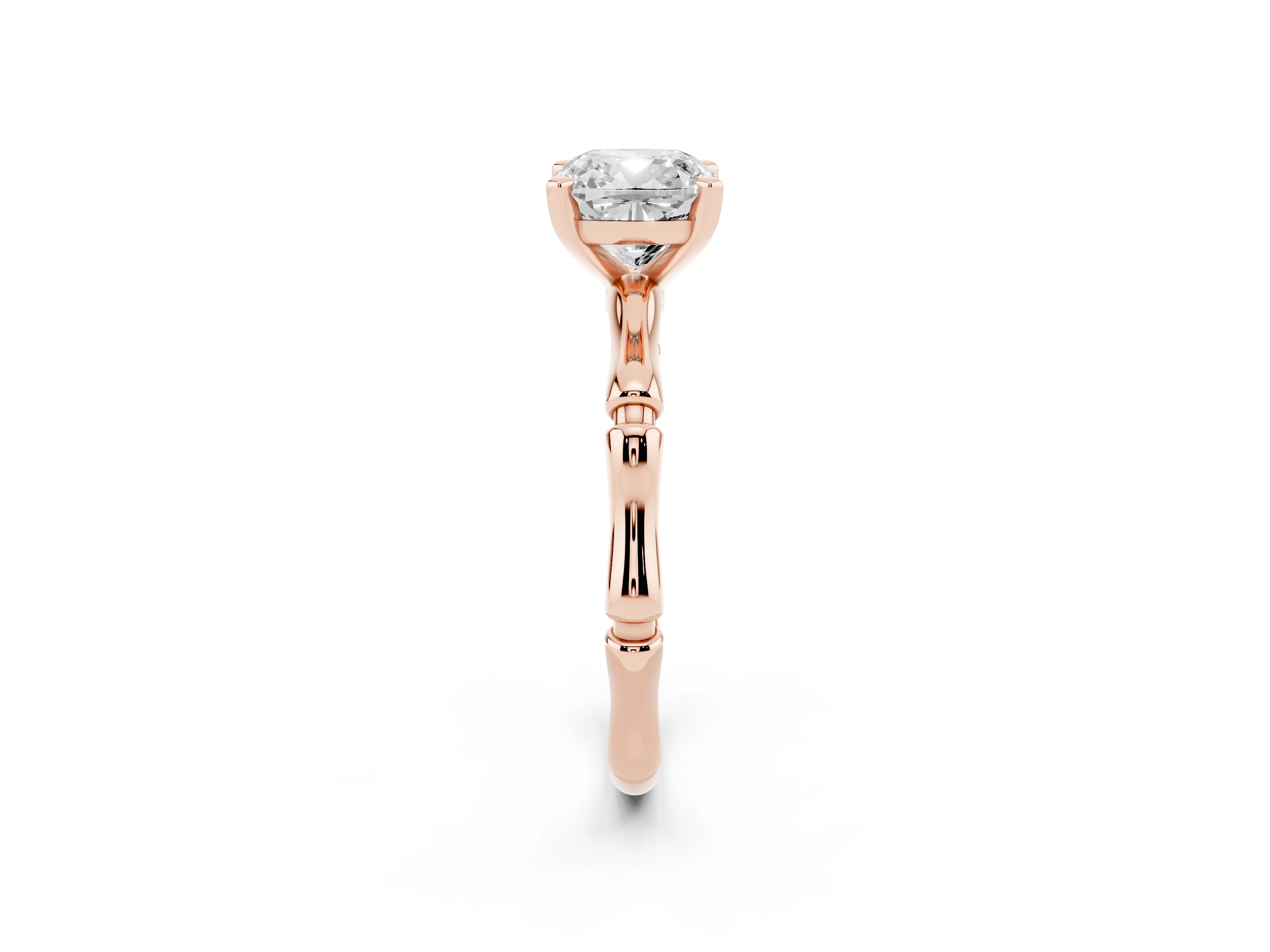 Cushion Cut Diamond Solitaire Ring Set in Rose gold with Bamboo Band and Prong Setting