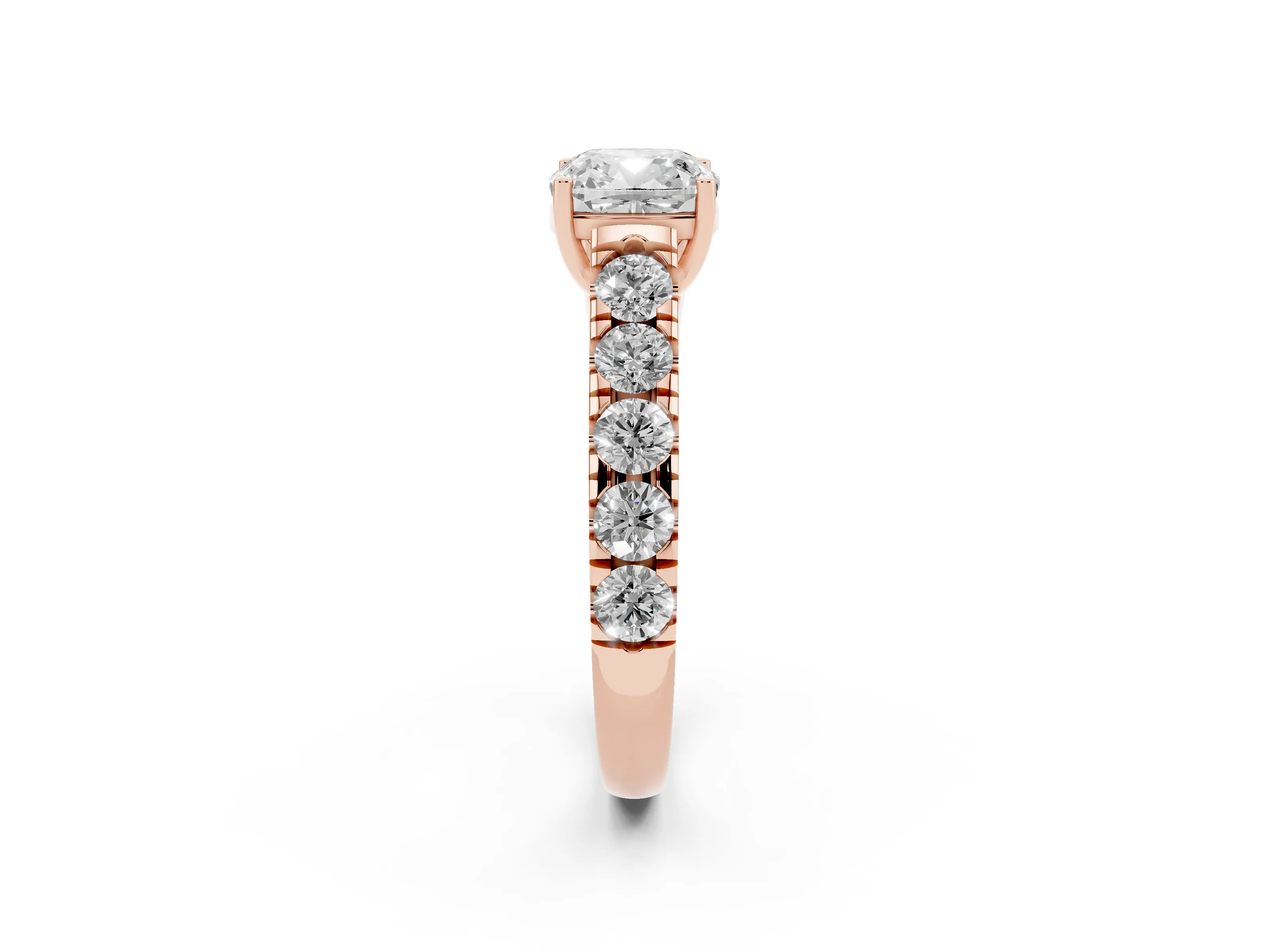 Cushion Cut Diamond Solitaire Ring Set in Rose gold with Cut-Down Micro Pavé Band and Prong Setting