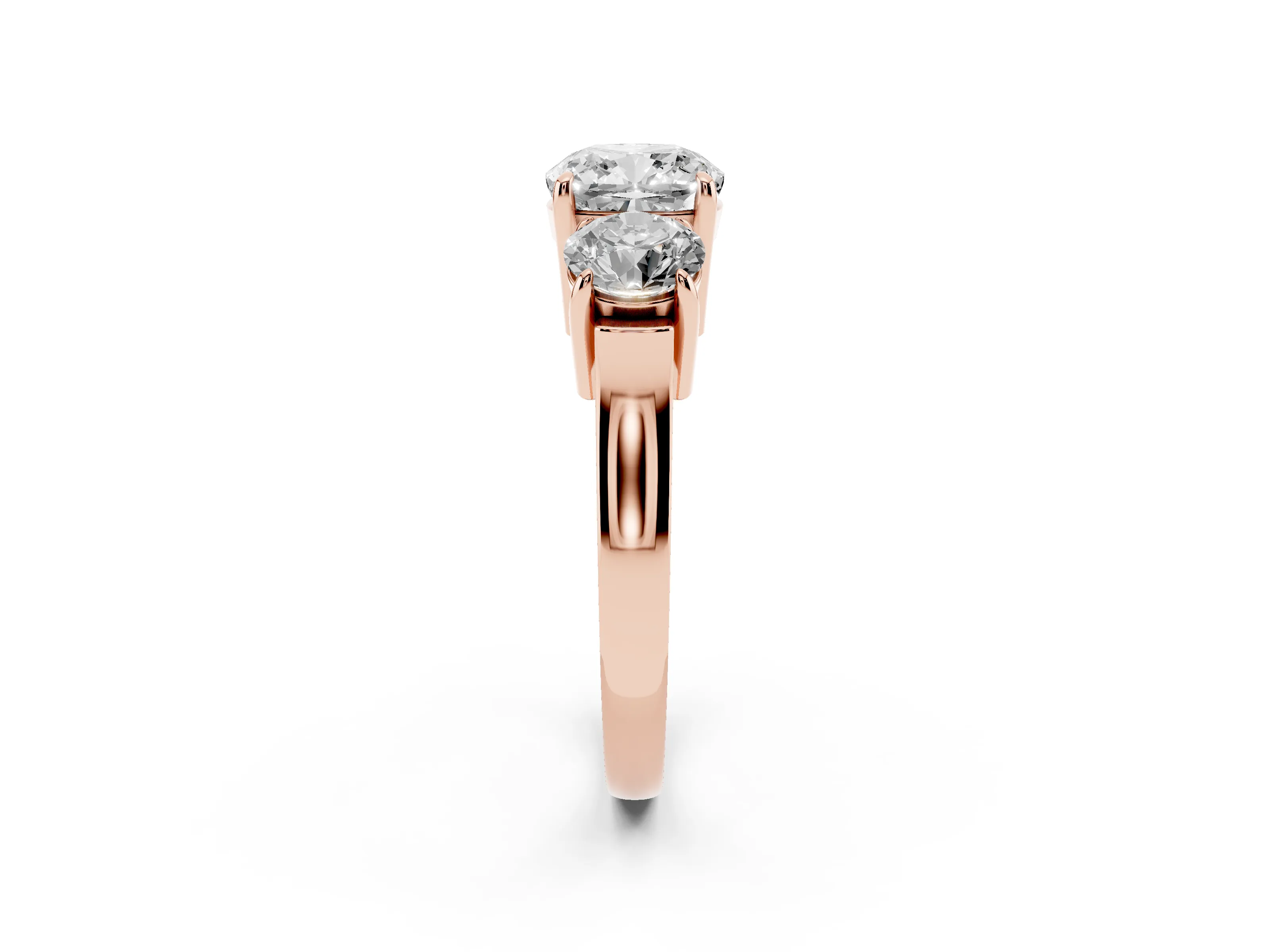 Cushion Cut Diamond Three-Stone Ring Set in Rose gold with Round Accent Stones and Plain Band