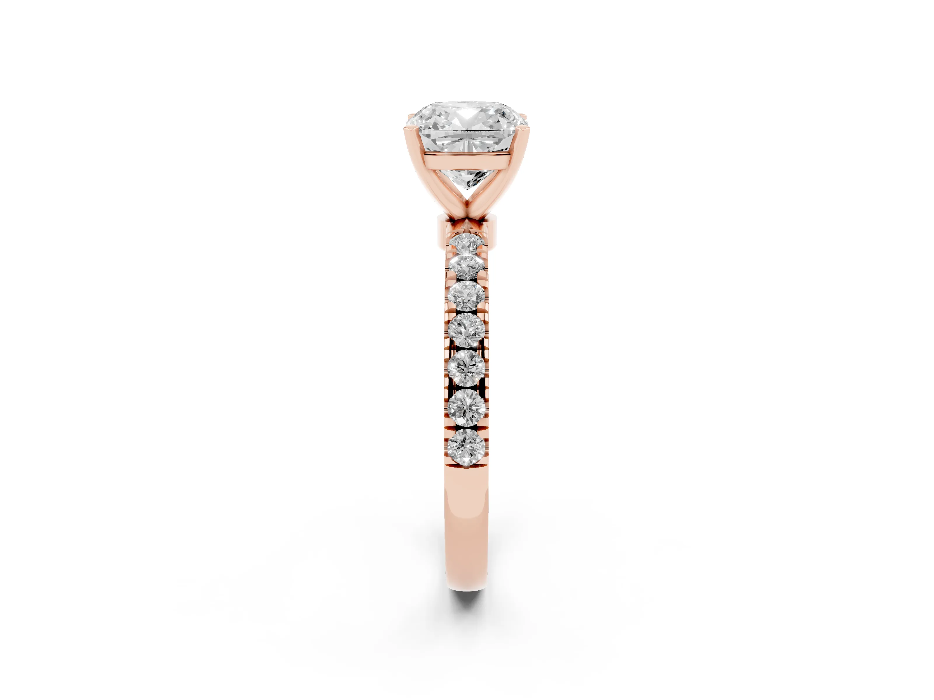 Cushion Cut Diamond Solitaire Ring Set in Rose gold with Pavé Accents and Prong Setting