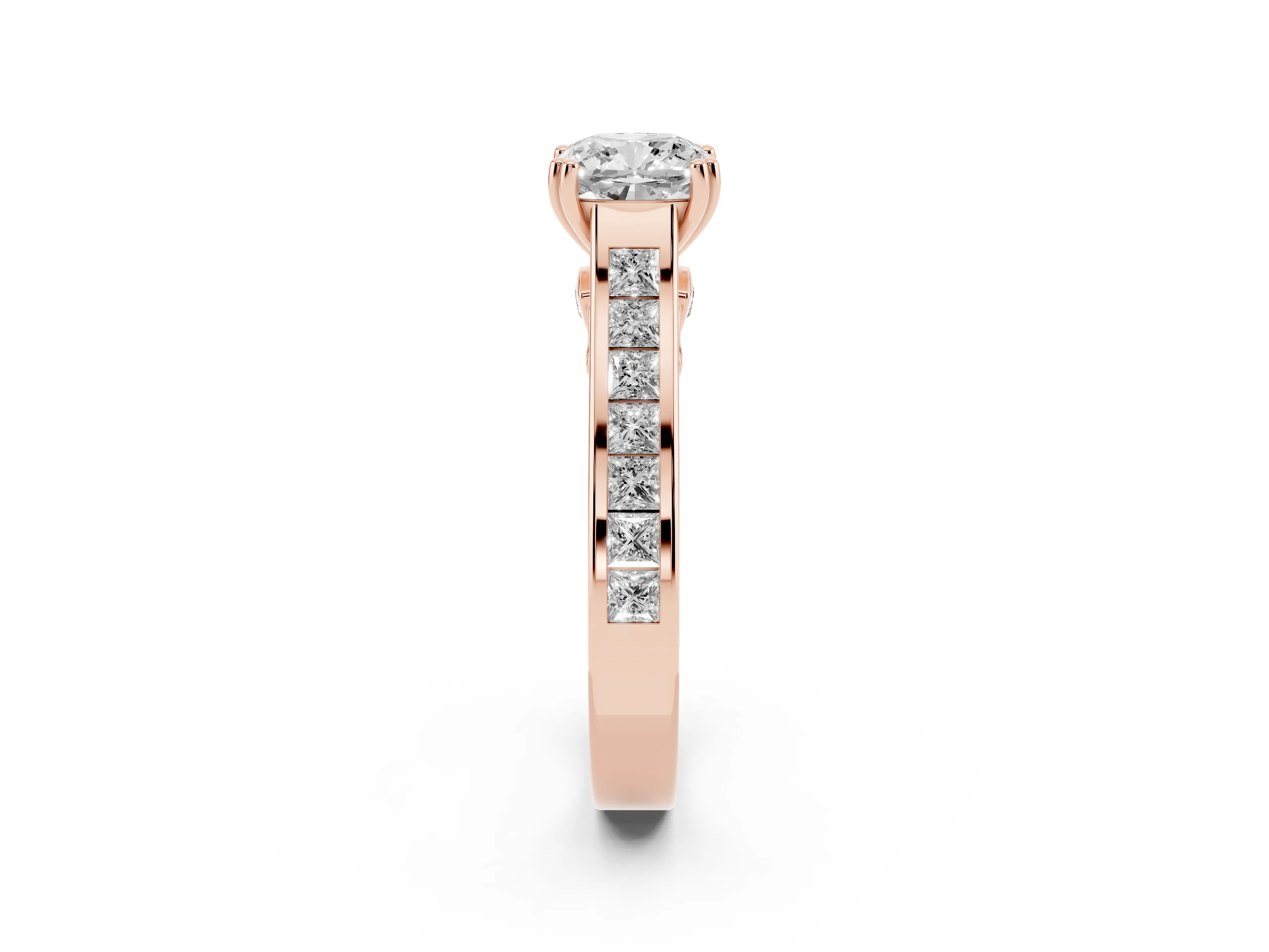 Cushion Cut Diamond Channel Set Solitaire Engagement Ring Set in Rose gold with Prong Setting