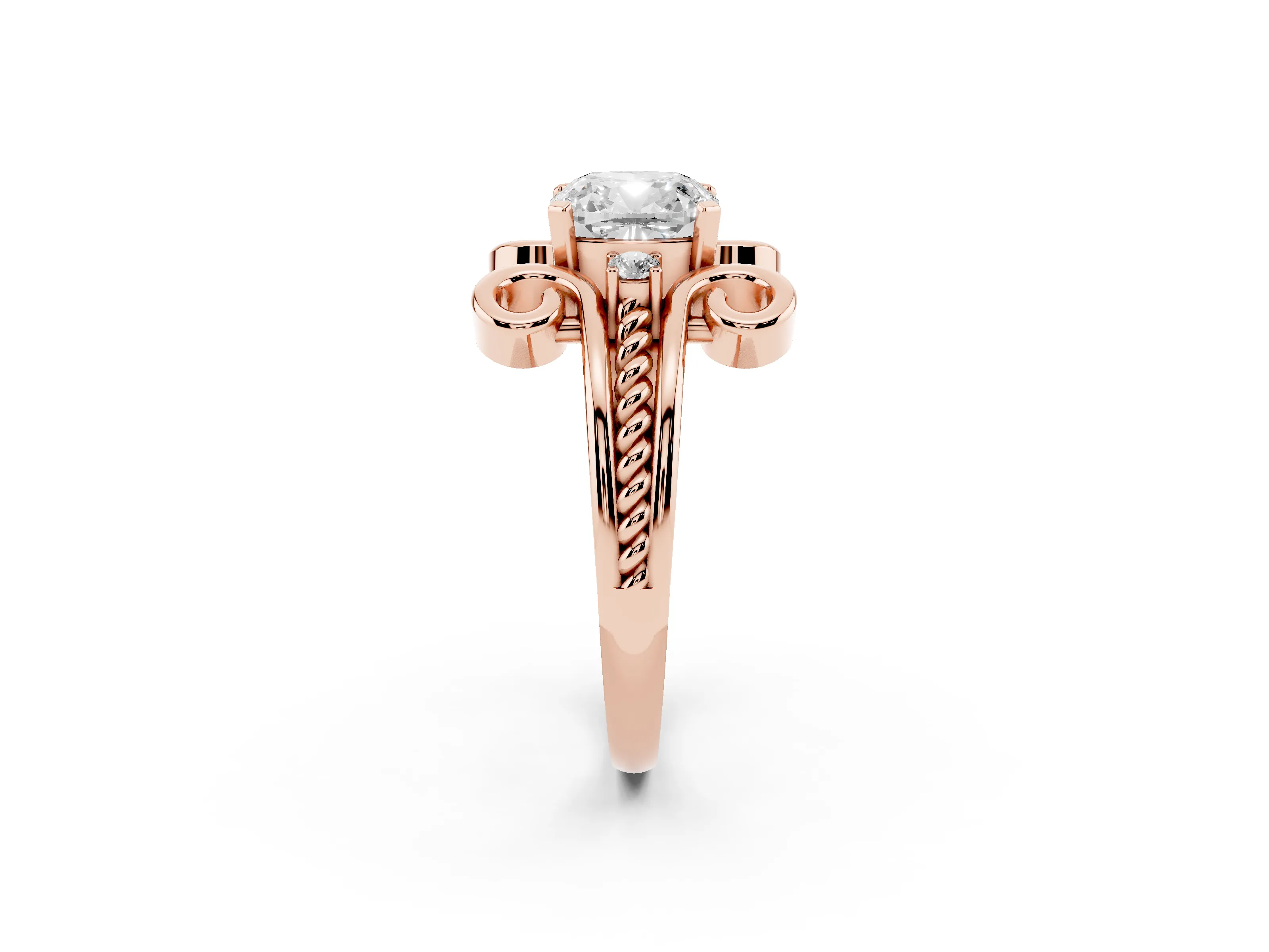 Cushion Cut Diamond Twisted Band Solitaire Ring Set in Rose gold with Scroll Prongs