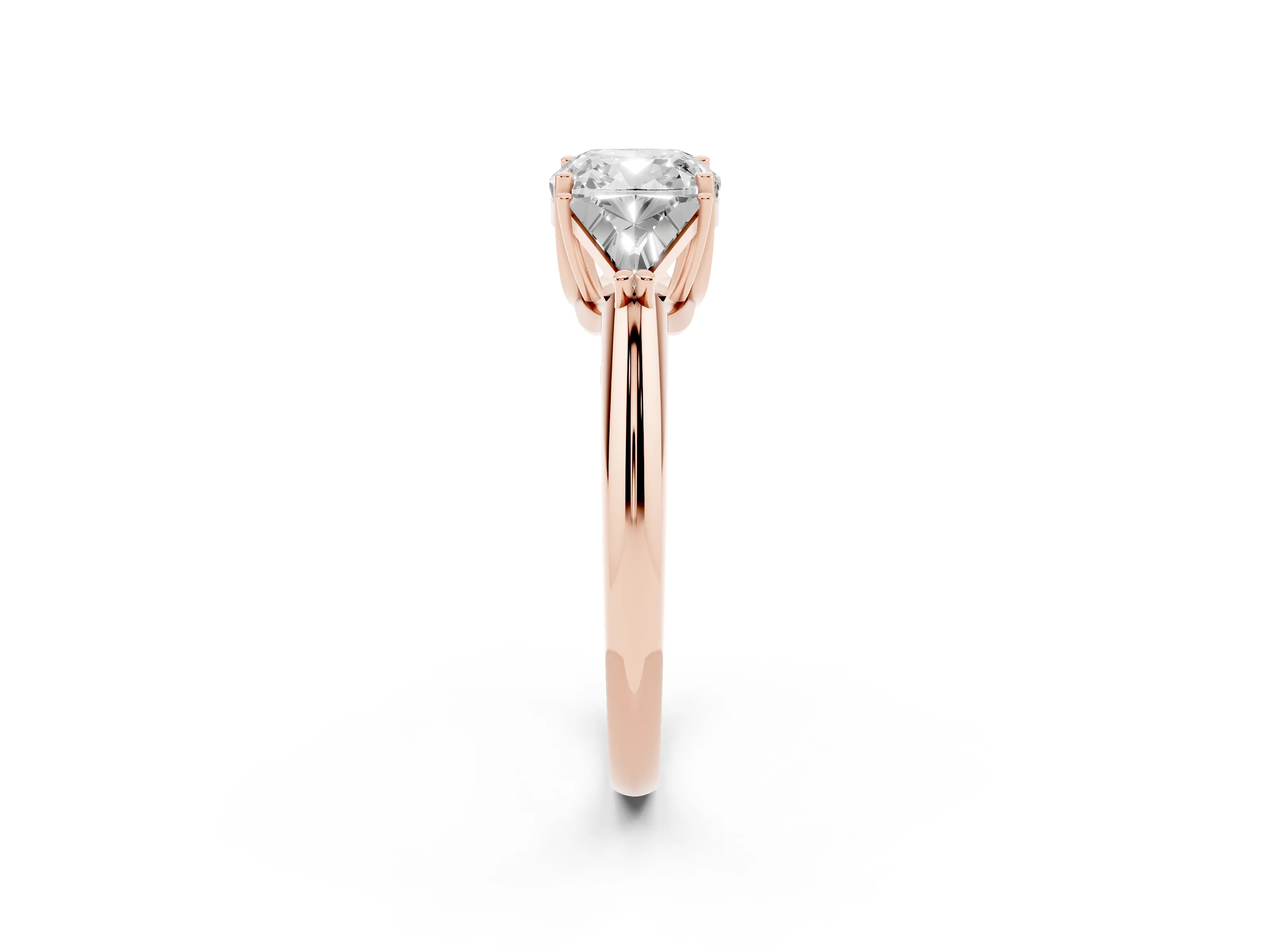 Cushion Cut Diamond Three-Stone Engagement Ring Set in Rose gold with Trillion Side Stones