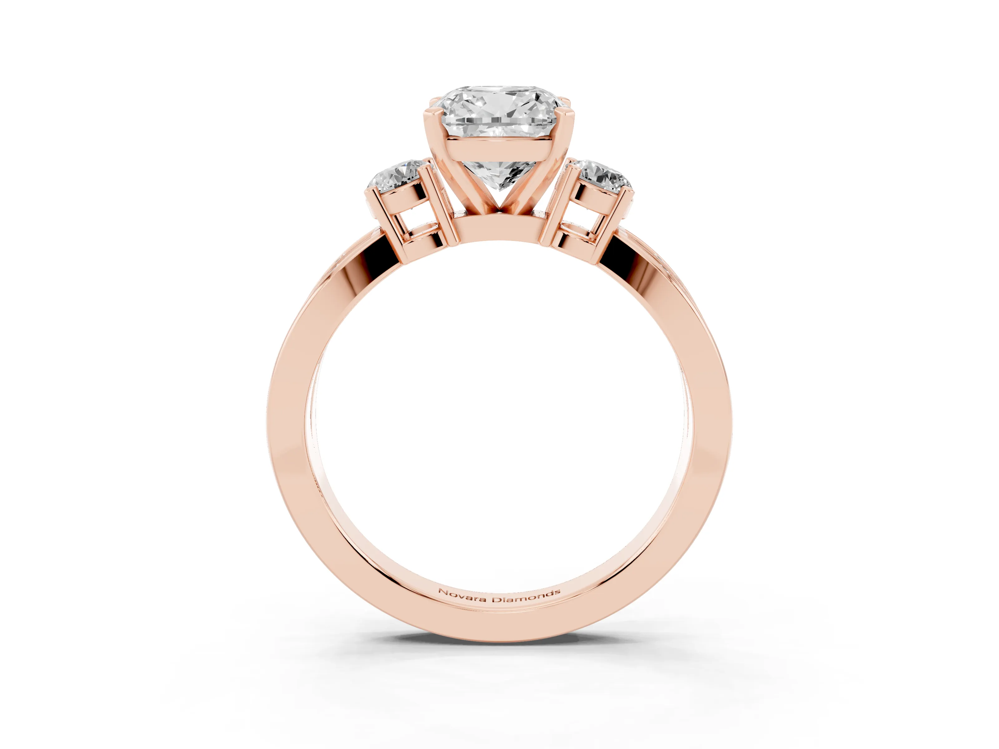 Three-Stone Cushion Cut Diamond Twist Band Ring Set in Rose gold with Pavé Accents and Prong Setting