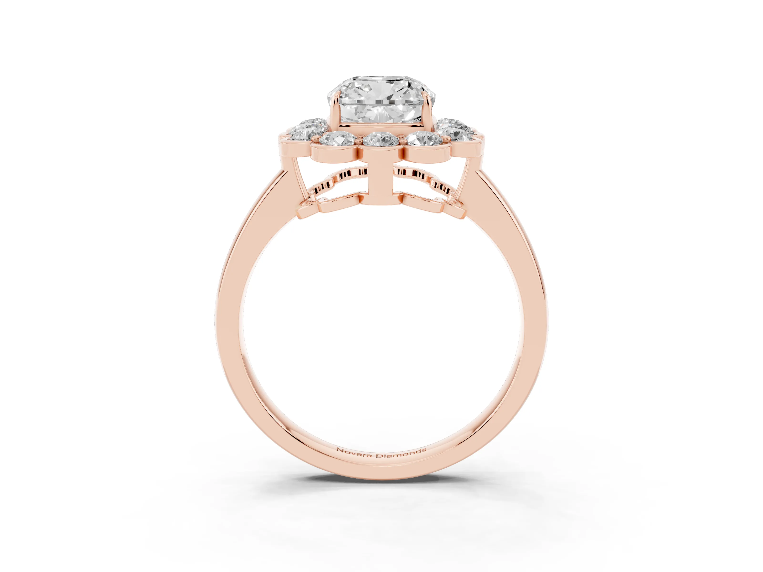 Cushion Cut Diamond Halo Cluster Engagement Ring Set in Rose gold with Solitaire Band and Prong Setting