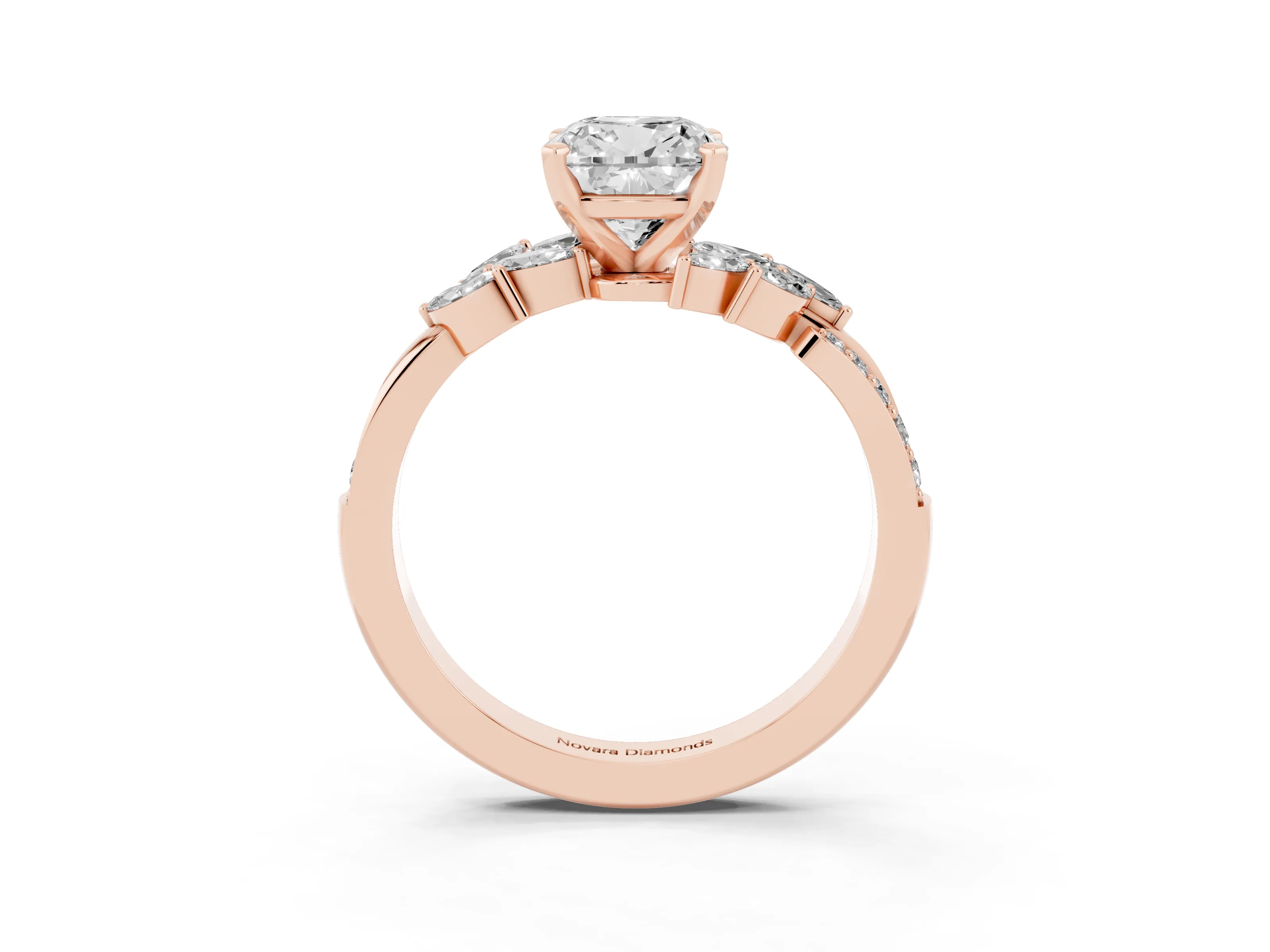 Cushion Cut Diamond Solitaire Ring Set in Rose gold with Marquise Twist Band and Prong Setting