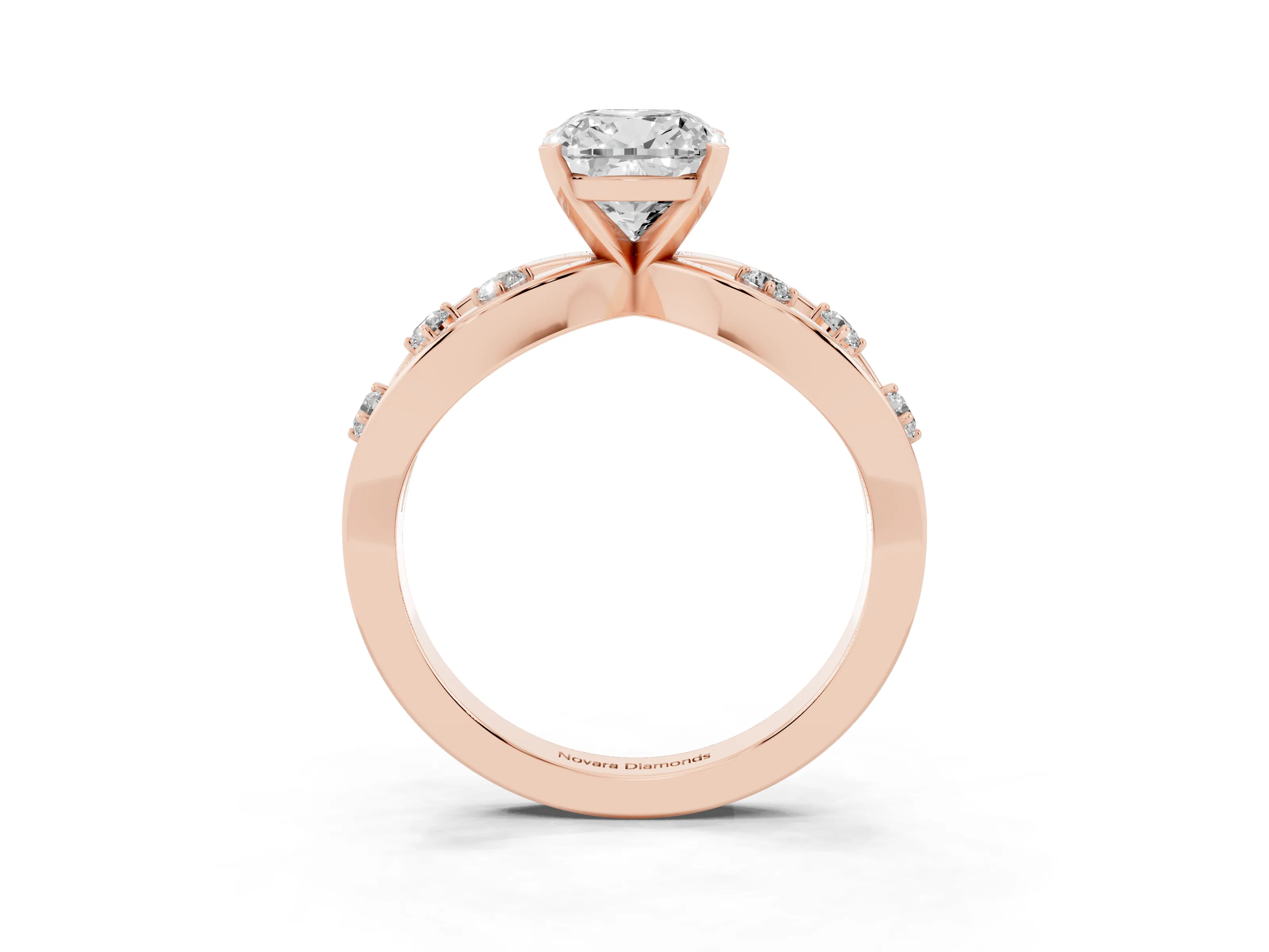 Cushion Cut Diamond Solitaire Ring Set in Rose gold with Side Stones on Criss-Cross Band and Prong Setting
