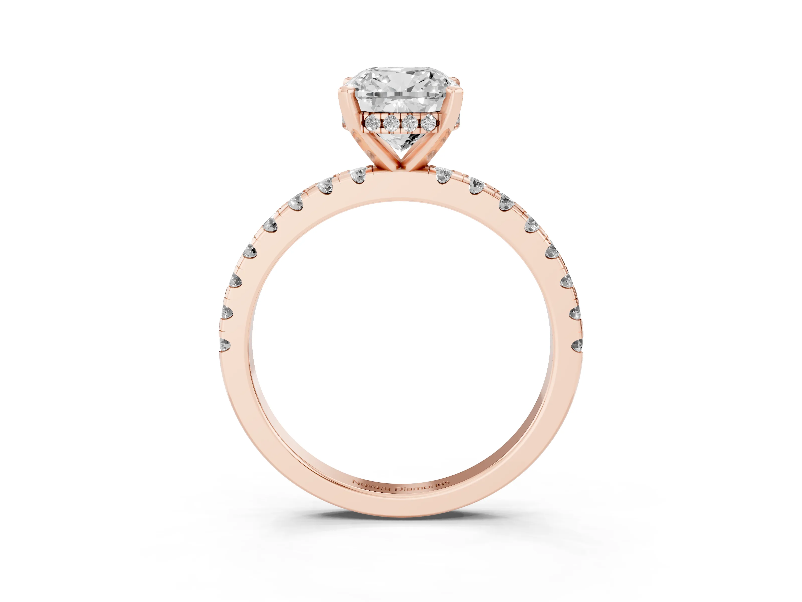 Cushion Cut Diamond Pavé Solitaire Ring Set in Rose gold with Round Band Accents and Prong Setting