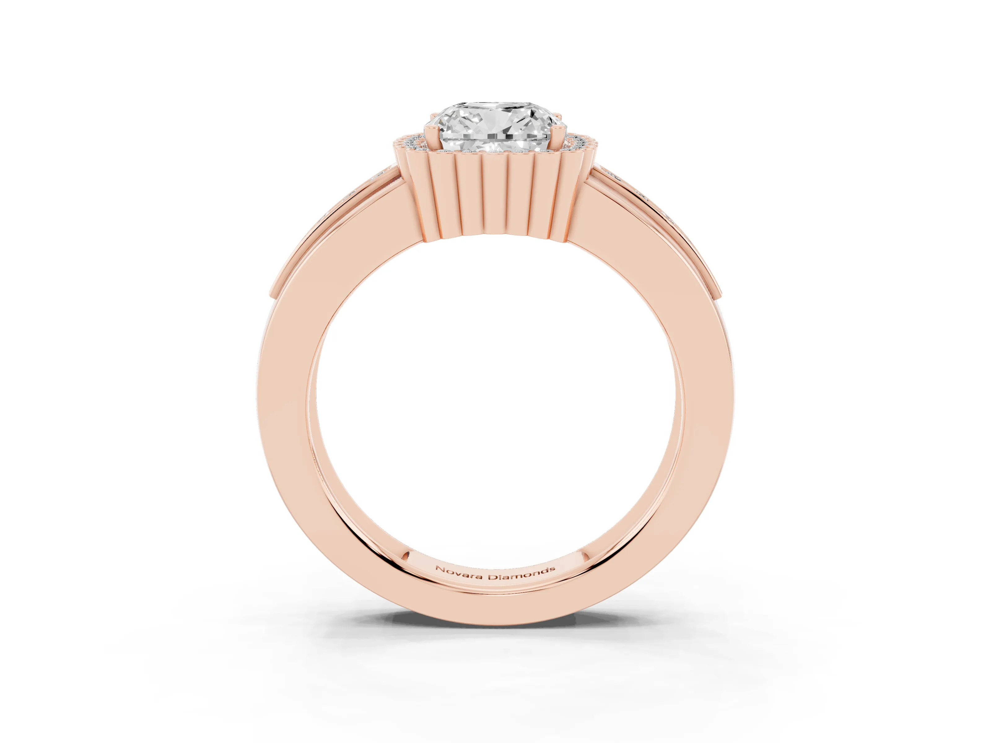Cushion Cut Diamond Halo Prong Ring Set in Rose gold with Pavé Band
