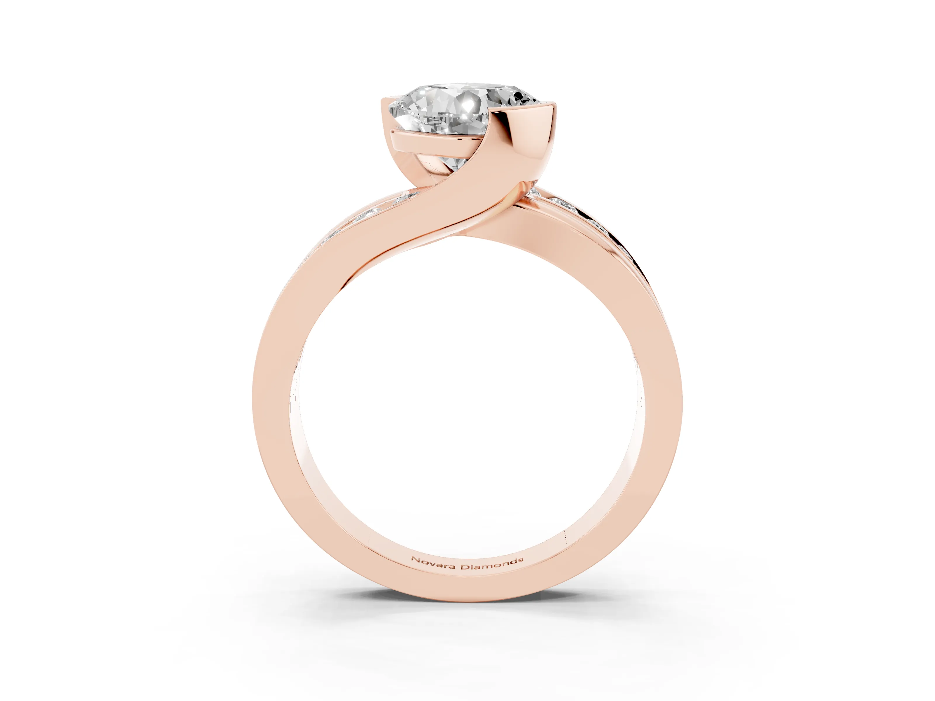 Cushion Cut Diamond Solitaire Ring Set in Rose gold with Channel Set Split Shank and Tension Prongs